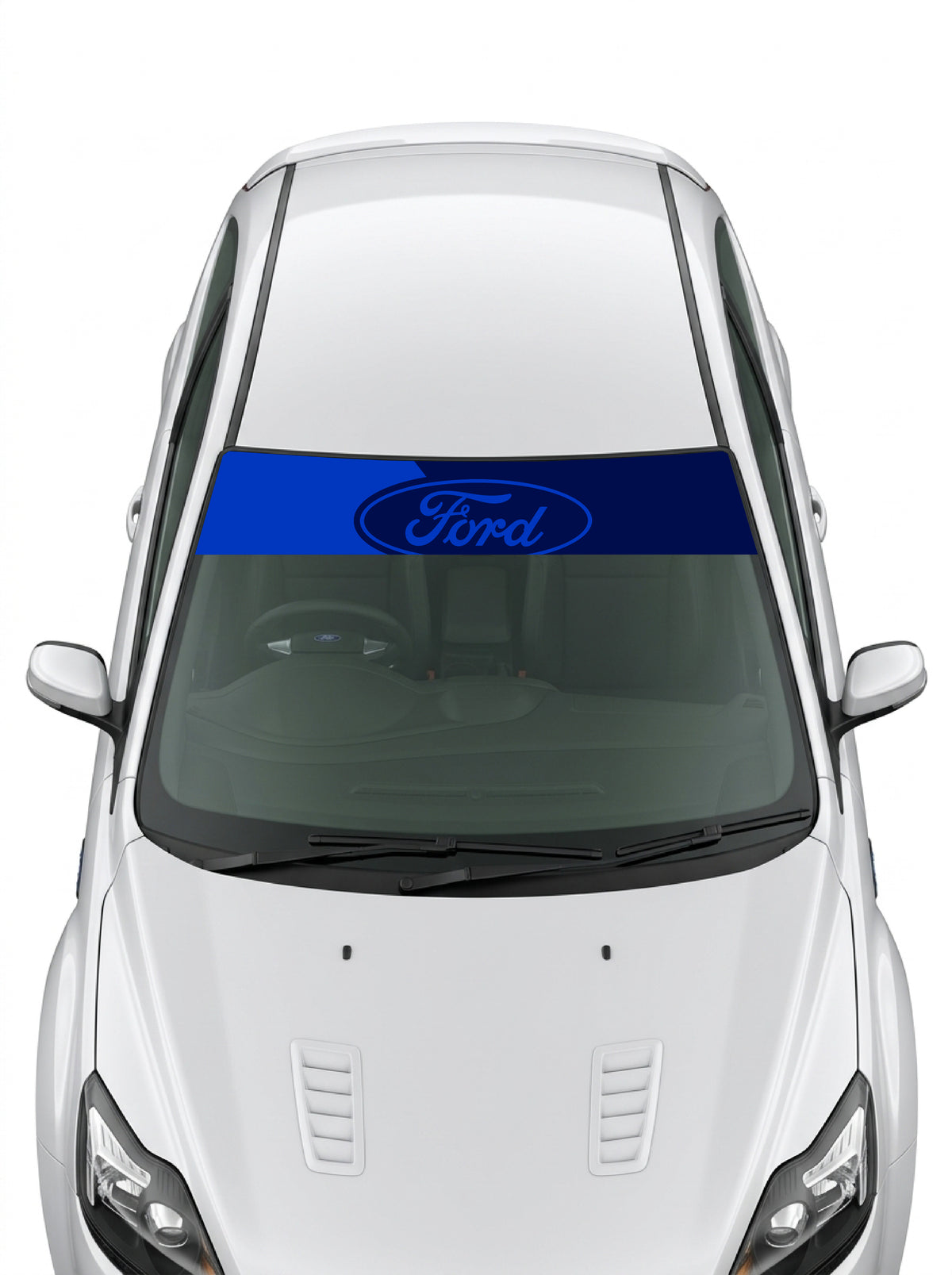 Parasol de vinilo Ford azul con el ovalo Ford en el mismo azul, instalado en el parabrisas de un Ford blanco