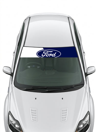 Parasol de vinilo Ford bicolor blanco y azul marino con el ovalo Ford blanco, instalado en el parabrisas de un Ford blanco