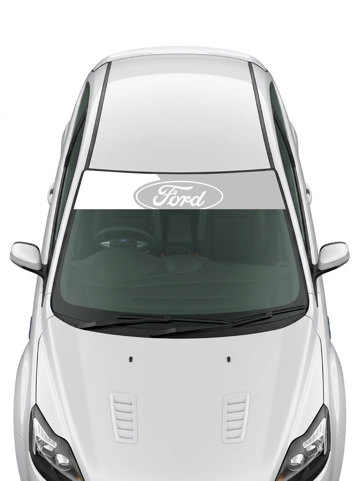 Parasol de vinilo Ford gris plata con el ovalo Ford blanco, instalado en el parabrisas de un Ford blanco