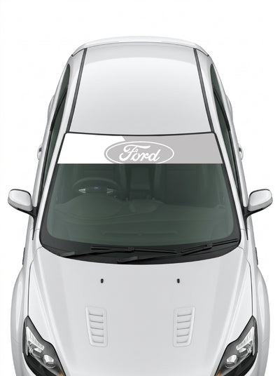 Parasol de vinilo Ford gris plata con el ovalo Ford blanco, instalado en el parabrisas de un Ford blanco