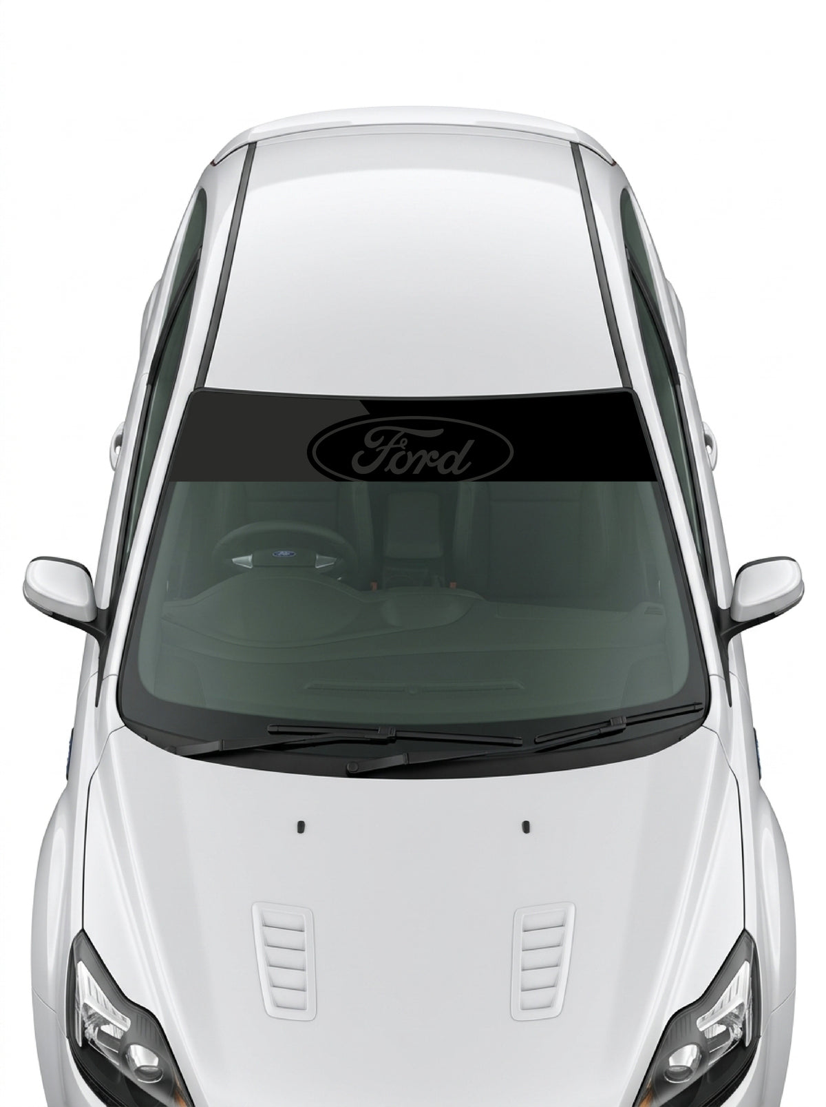 Parasol de vinilo Ford negro con el ovalo Ford tambien en negro, instalado en el parabrisas de un Ford blanco