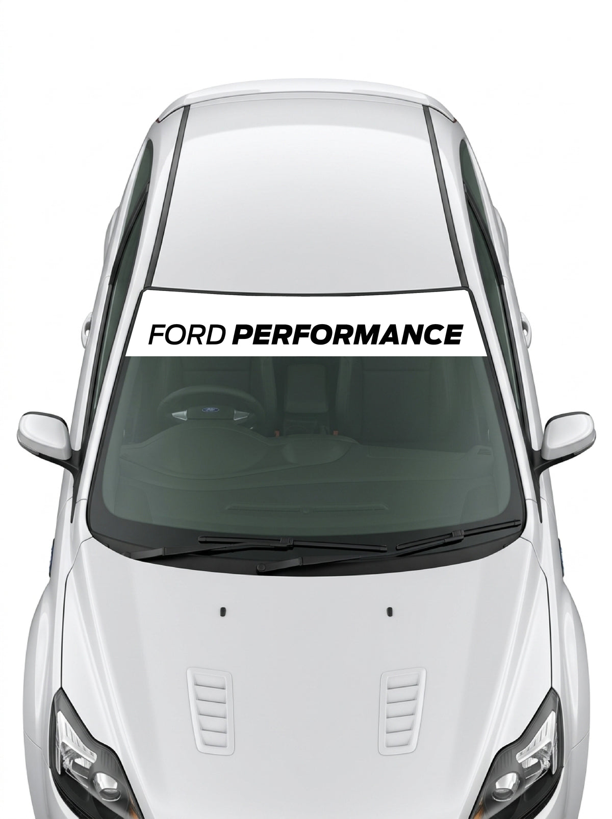 Parasol de vinilo Ford Performance blanco con el lettering en negro, instalado en el parabrisas de un Ford blanco