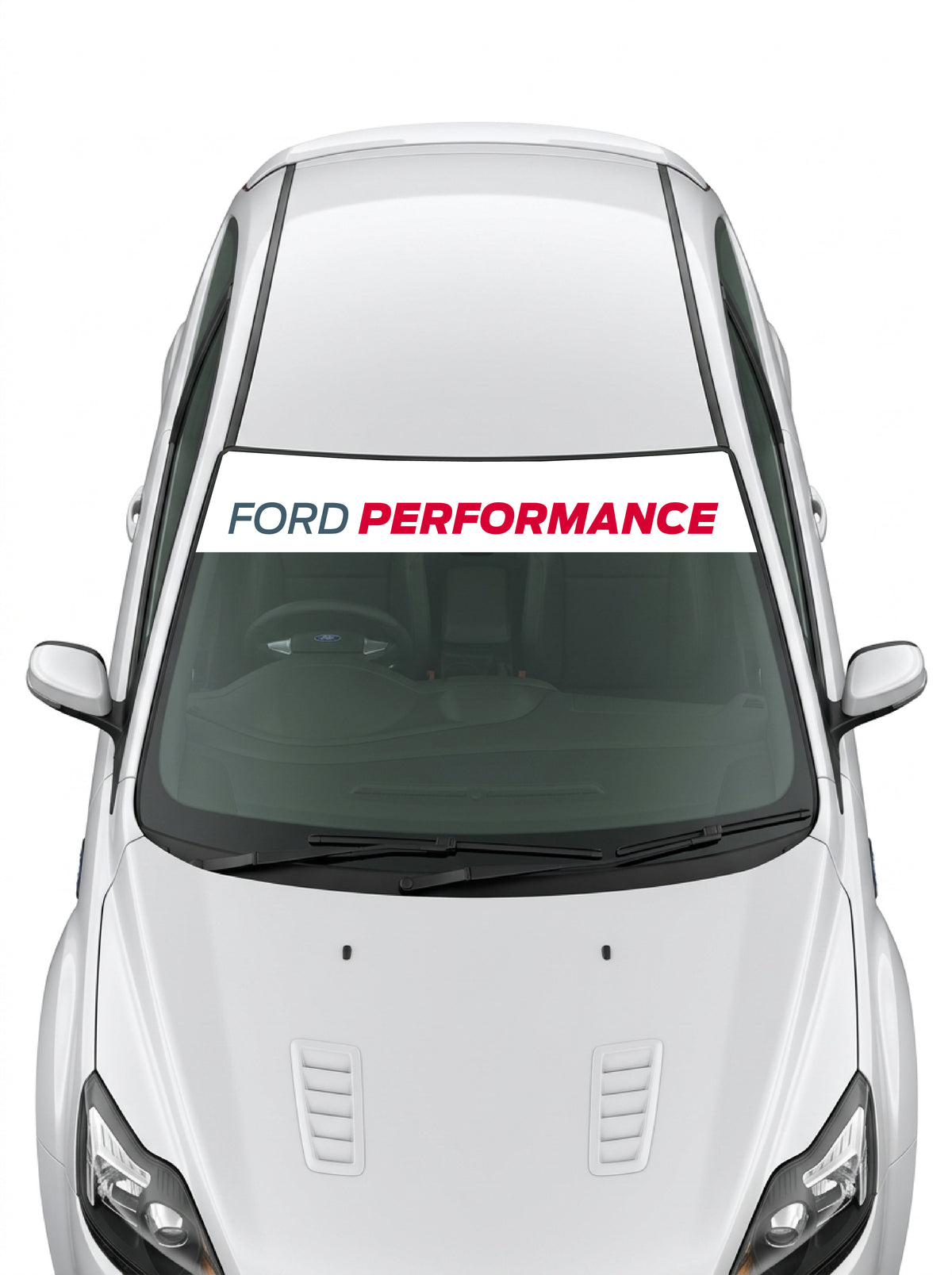 Parasol de vinilo Ford Performance blanco con FORD en azul y PERFORMANCE en rojo, instalado en el parabrisas de un Ford blanco