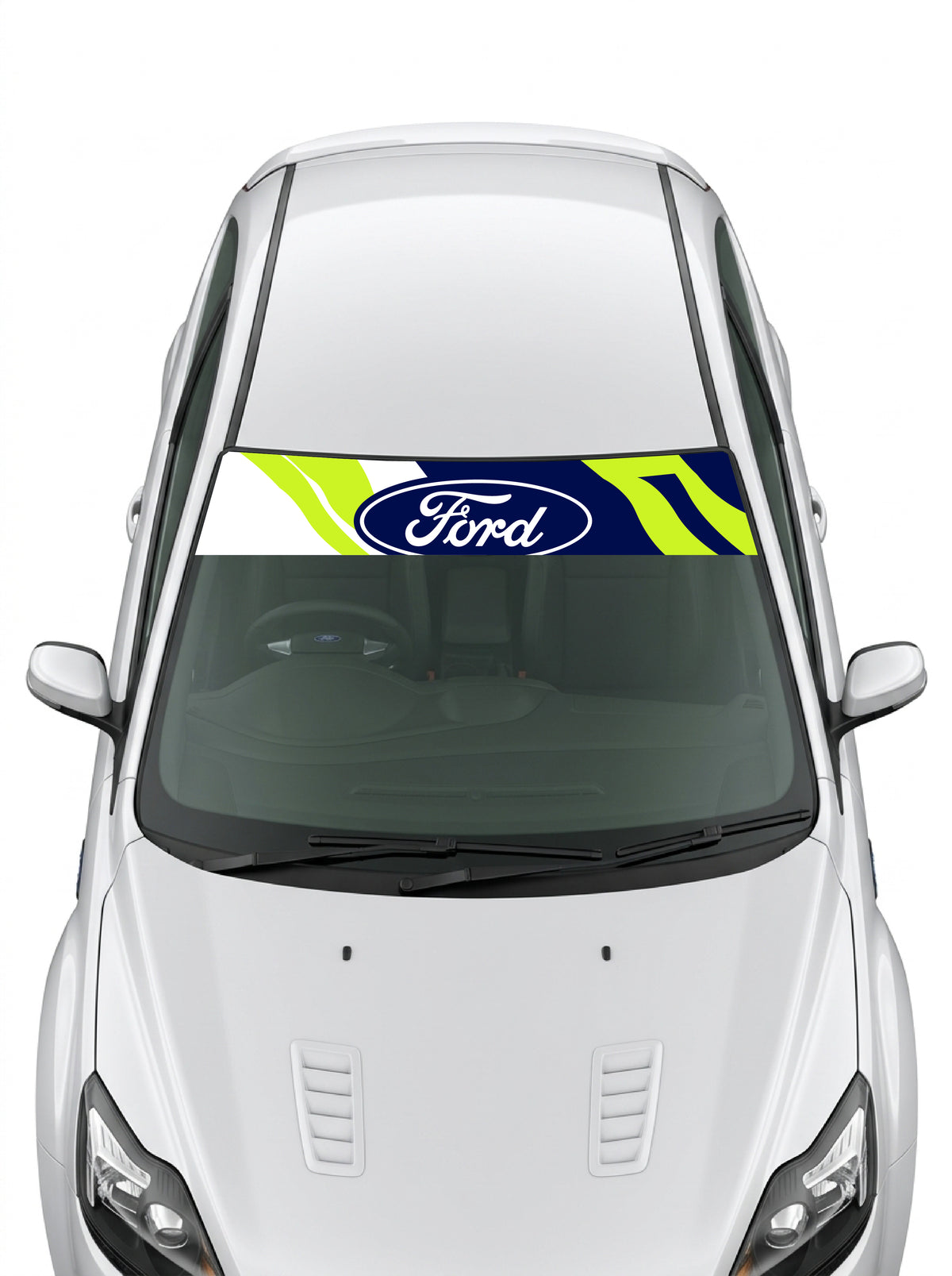 Parasol de vinilo Ford Rally con livery azul y verde lima y el ovalo Ford, instalado en el parabrisas de un Ford blanco