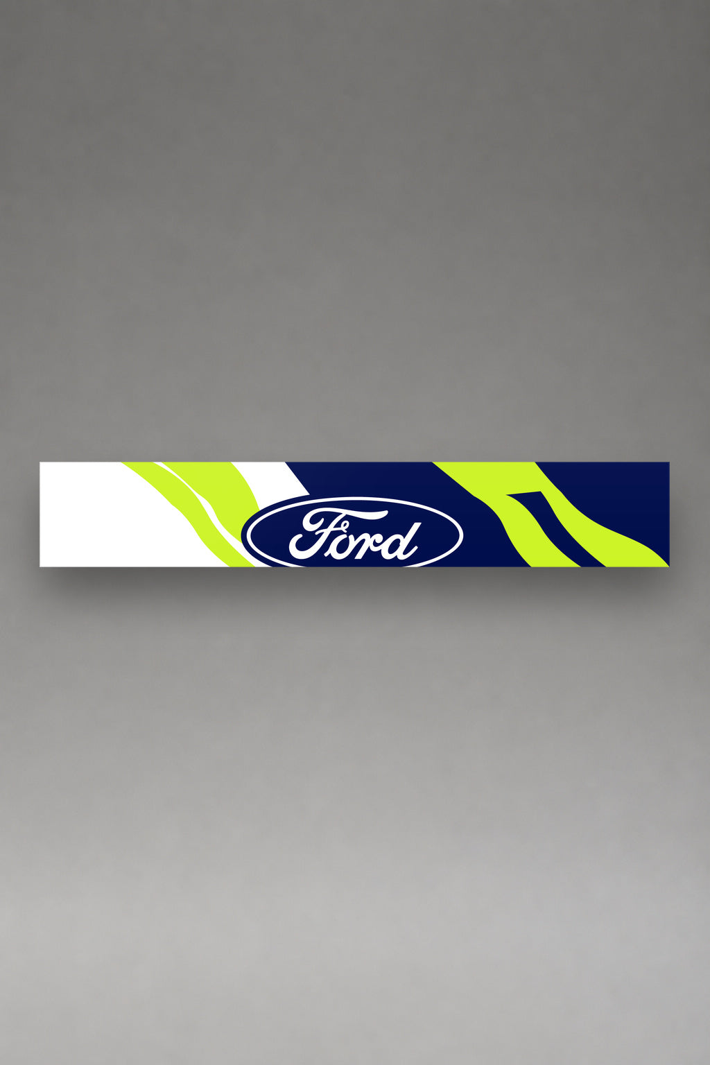 Parasol de vinilo Ford Rally · Livery Azul Verde Lima, la tira entera de 150 x 25 cm vista de frente, de MOA-Grafics.