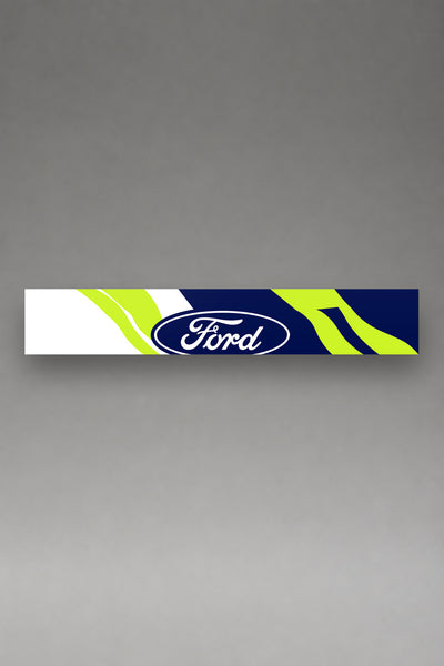 Parasol de vinilo Ford Rally · Livery Azul Verde Lima, la tira entera de 150 x 25 cm vista de frente, de MOA-Grafics.