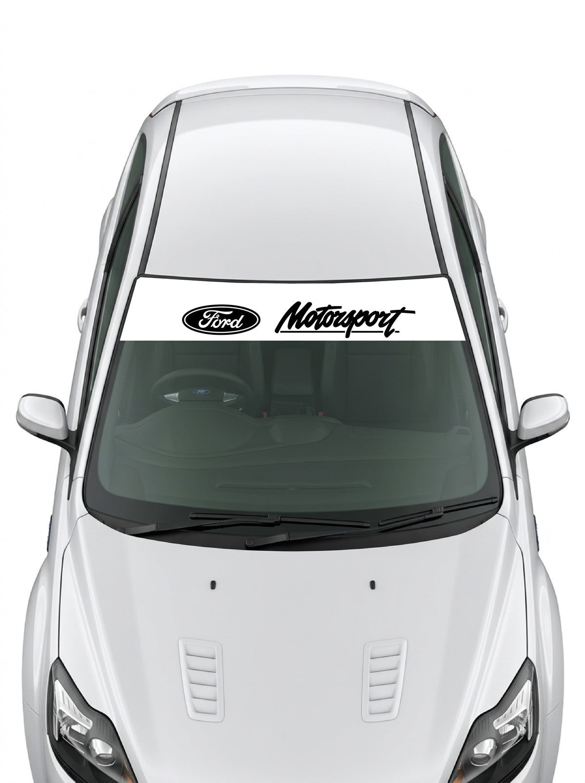 Parasol de vinilo Ford Motorsport blanco con el ovalo y el lettering enmarcados en un sello racing, instalado en el parabrisas de un Ford blanco