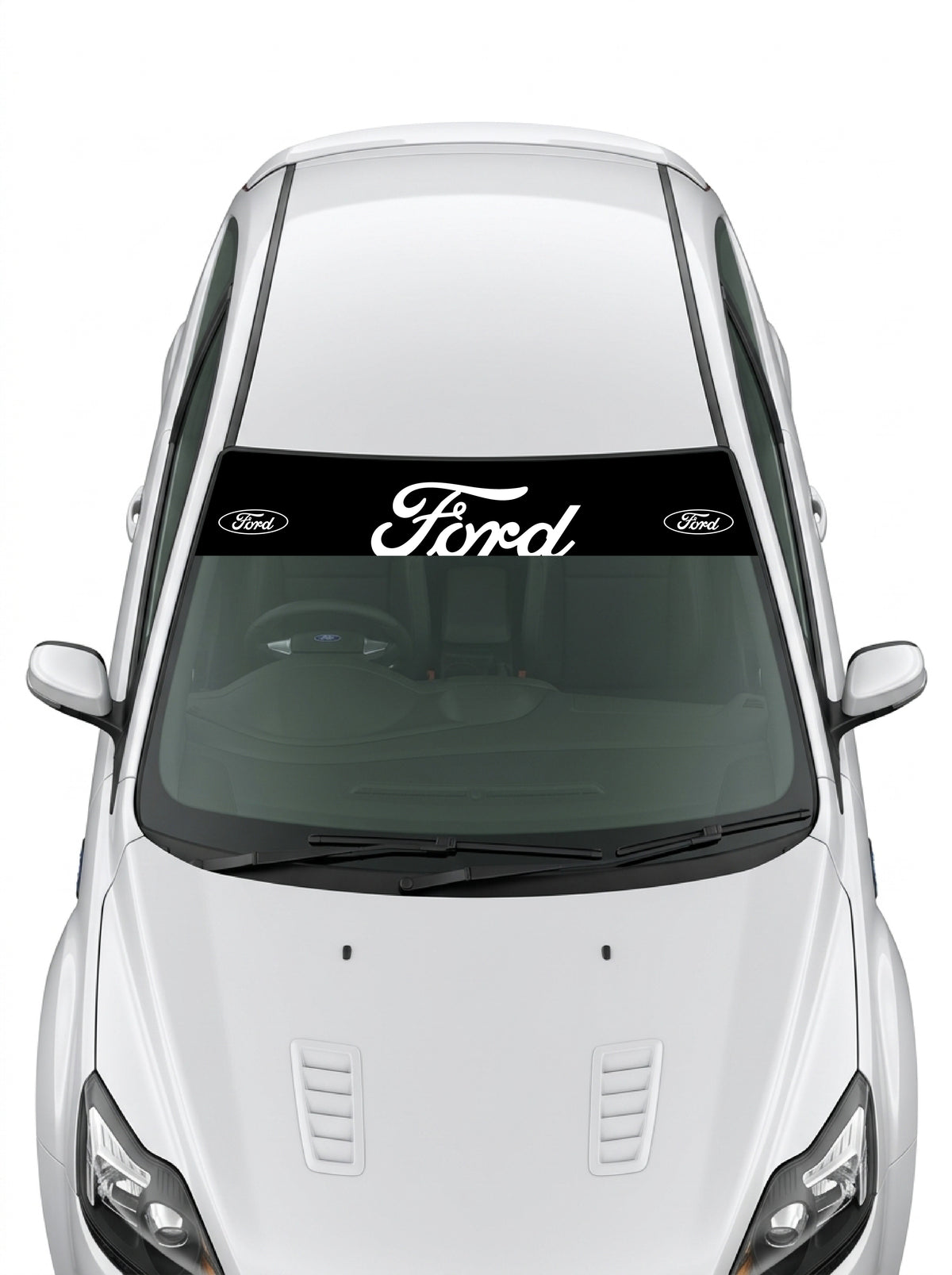 Parasol de vinilo Ford negro con el lettering Ford en blanco y un ovalo a cada lado, instalado en el parabrisas de un Ford blanco