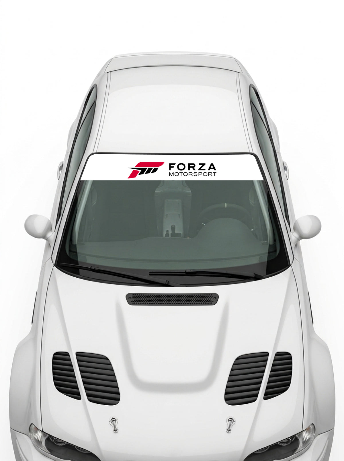 Coche con el parasol de vinilo Forza Motorsport blanco con el lettering FORZA MOTORSPORT en negro instalado en el parabrisas