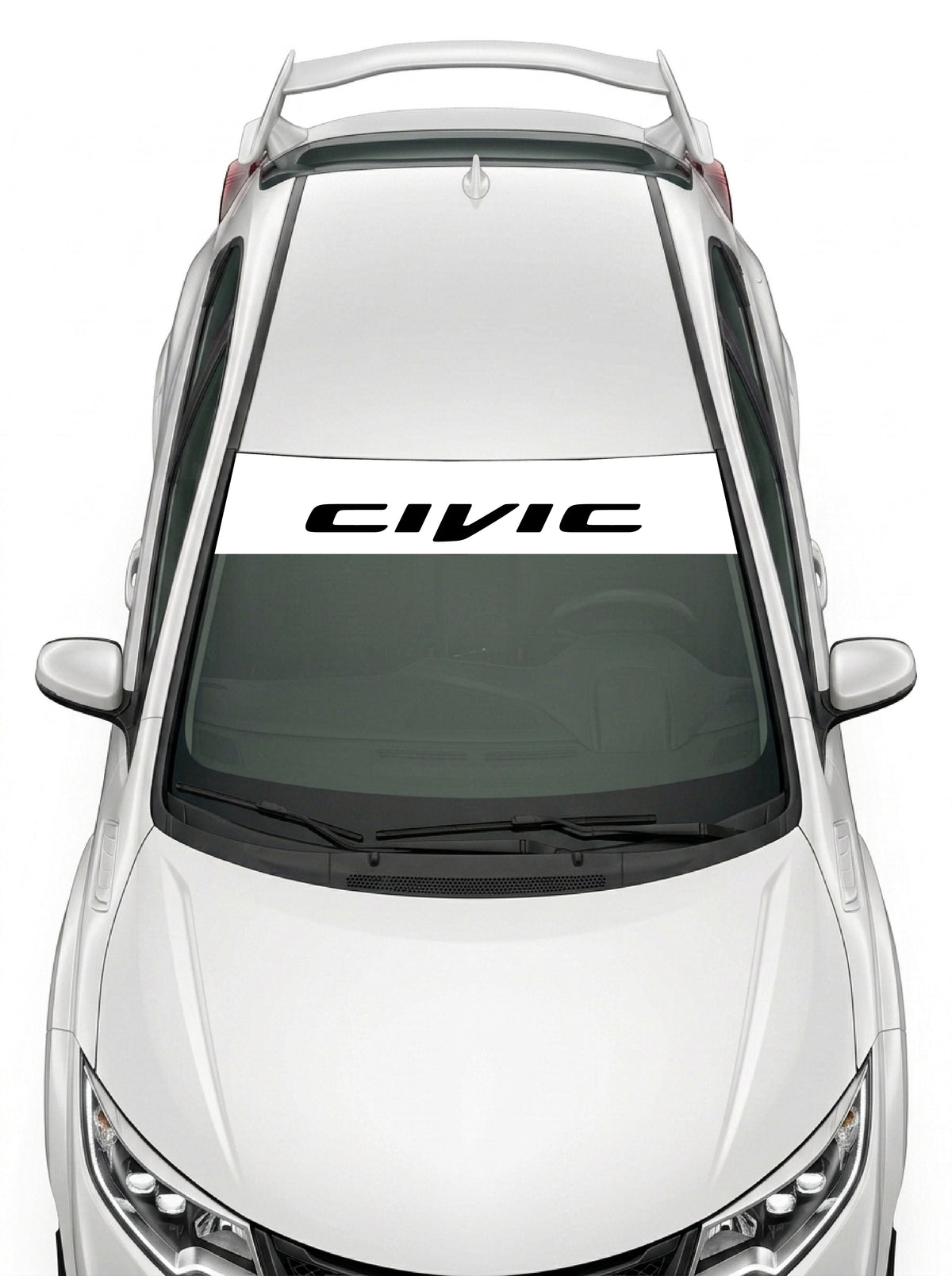 Parasol de vinilo Honda Civic blanco con el lettering CIVIC en negro, instalado en el parabrisas de un Honda Civic blanco