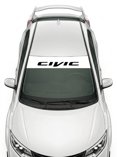 Parasol de vinilo Honda Civic blanco con el lettering CIVIC en negro, instalado en el parabrisas de un Honda Civic blanco