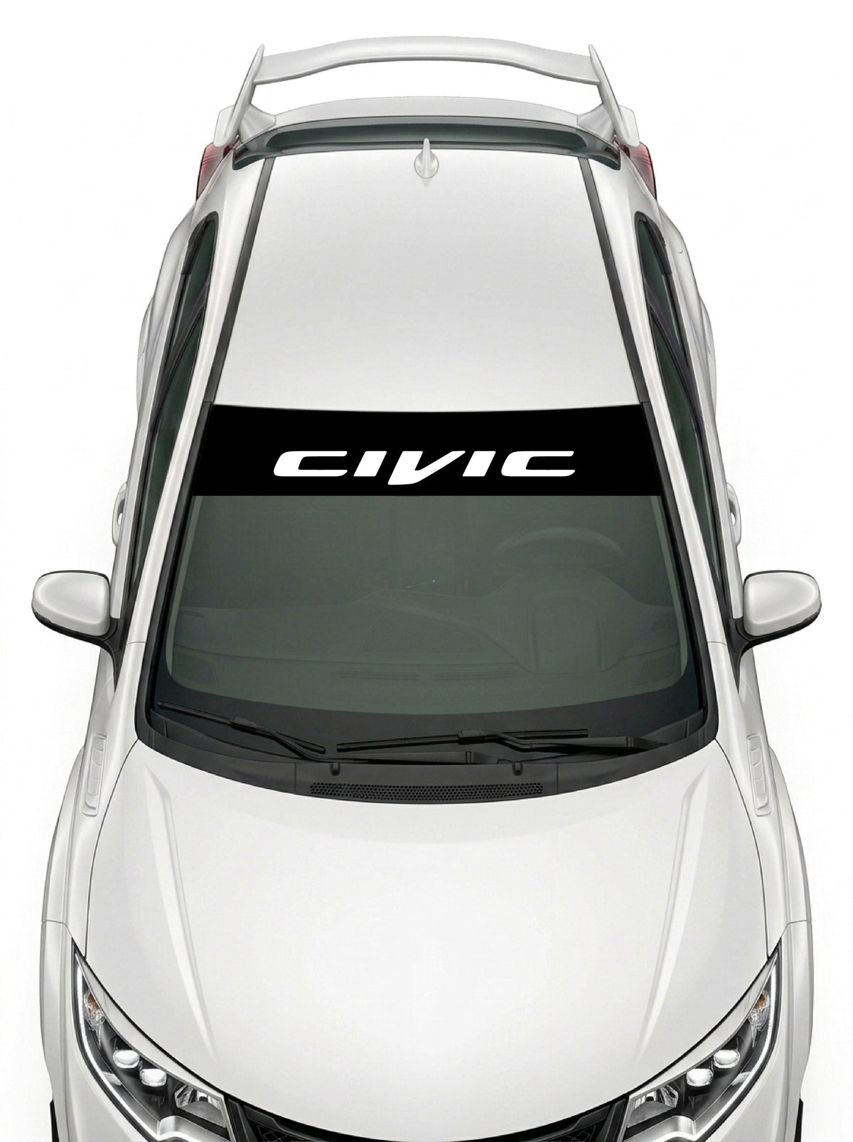 Parasol de vinilo Honda Civic negro con el lettering CIVIC en blanco, instalado en el parabrisas de un Honda Civic blanco