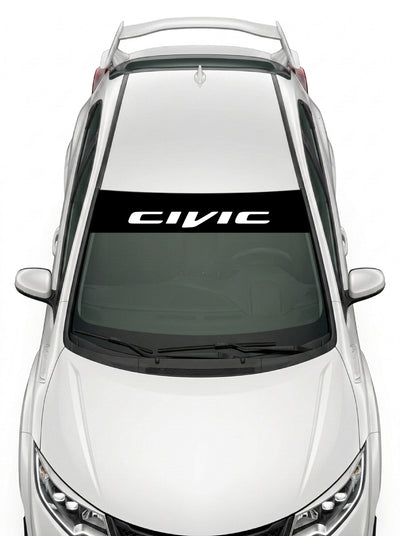 Parasol de vinilo Honda Civic negro con el lettering CIVIC en blanco, instalado en el parabrisas de un Honda Civic blanco