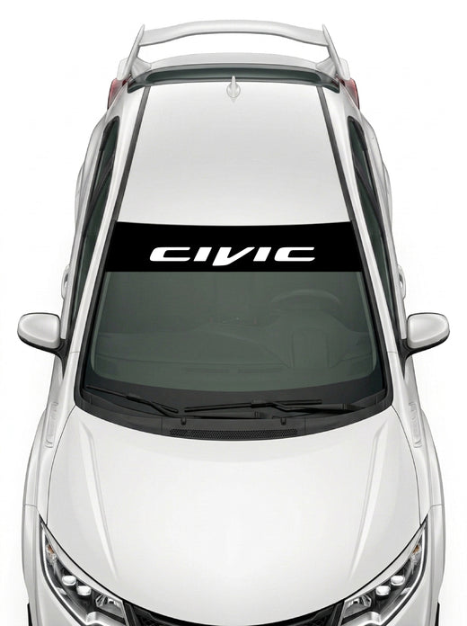 Parasol de vinilo Honda Civic negro con el lettering CIVIC en blanco, instalado en el parabrisas de un Honda Civic blanco