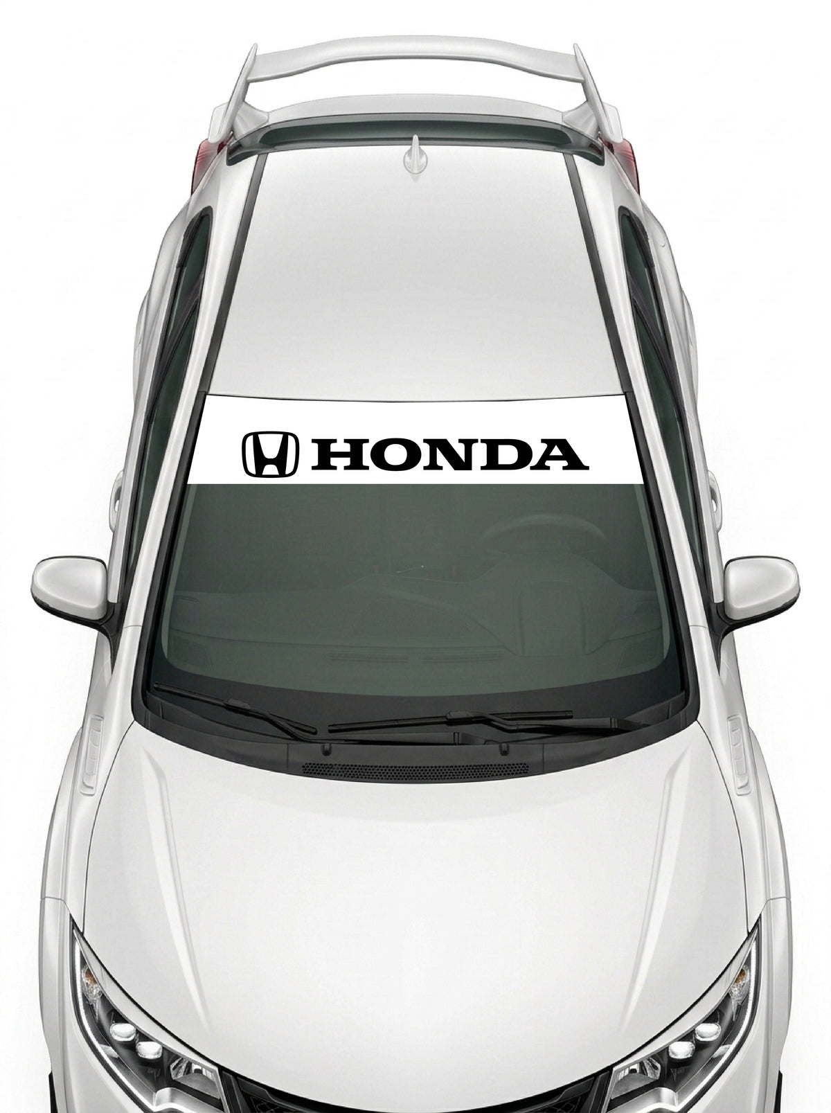 Parasol de vinilo Honda blanco con el emblema H y el lettering HONDA en negro, instalado en el parabrisas de un Honda Civic blanco