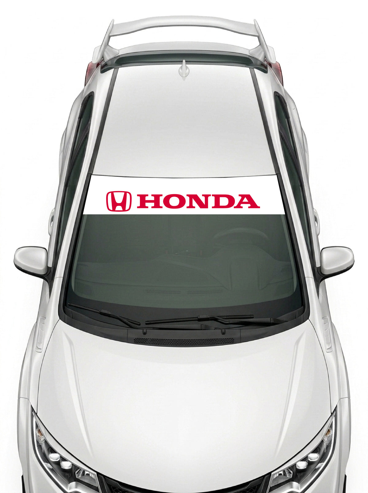 Parasol de vinilo Honda blanco con el emblema H y el lettering HONDA en rojo, instalado en el parabrisas de un Honda Civic blanco