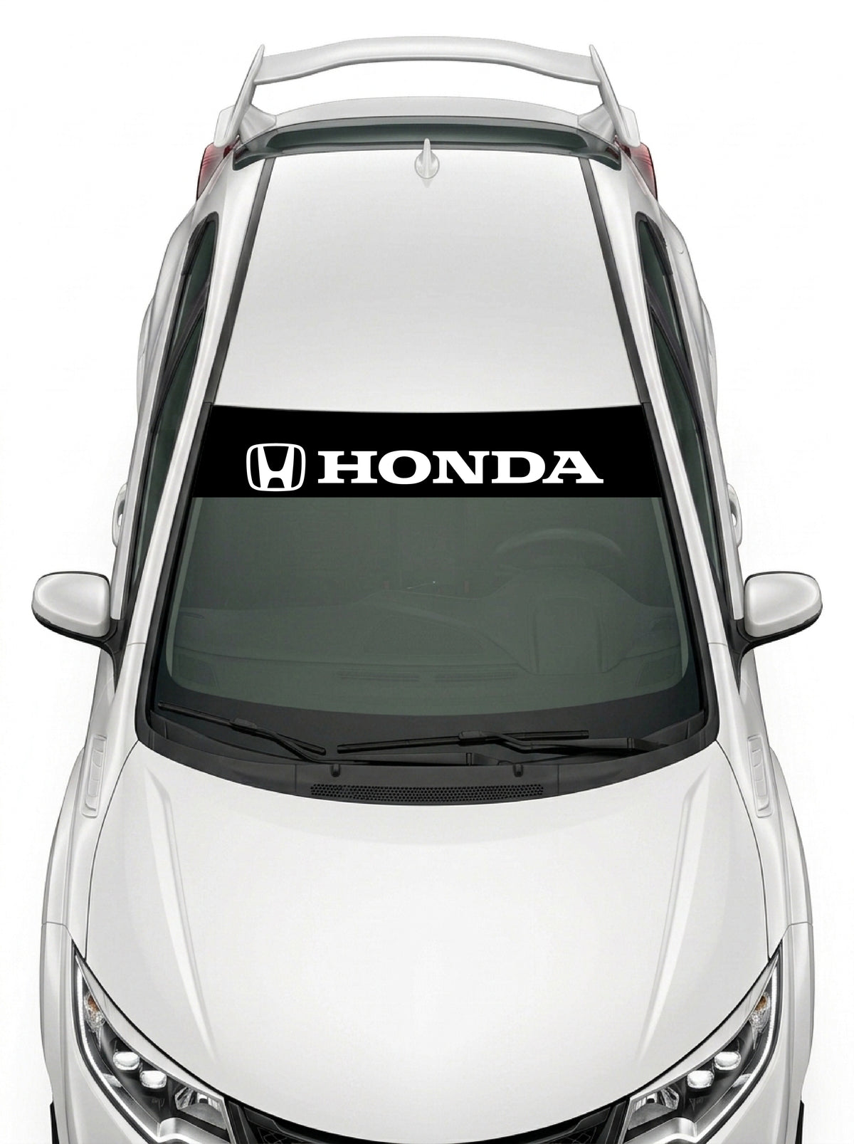 Parasol de vinilo Honda negro con el emblema H y el lettering HONDA en blanco, instalado en el parabrisas de un Honda Civic blanco
