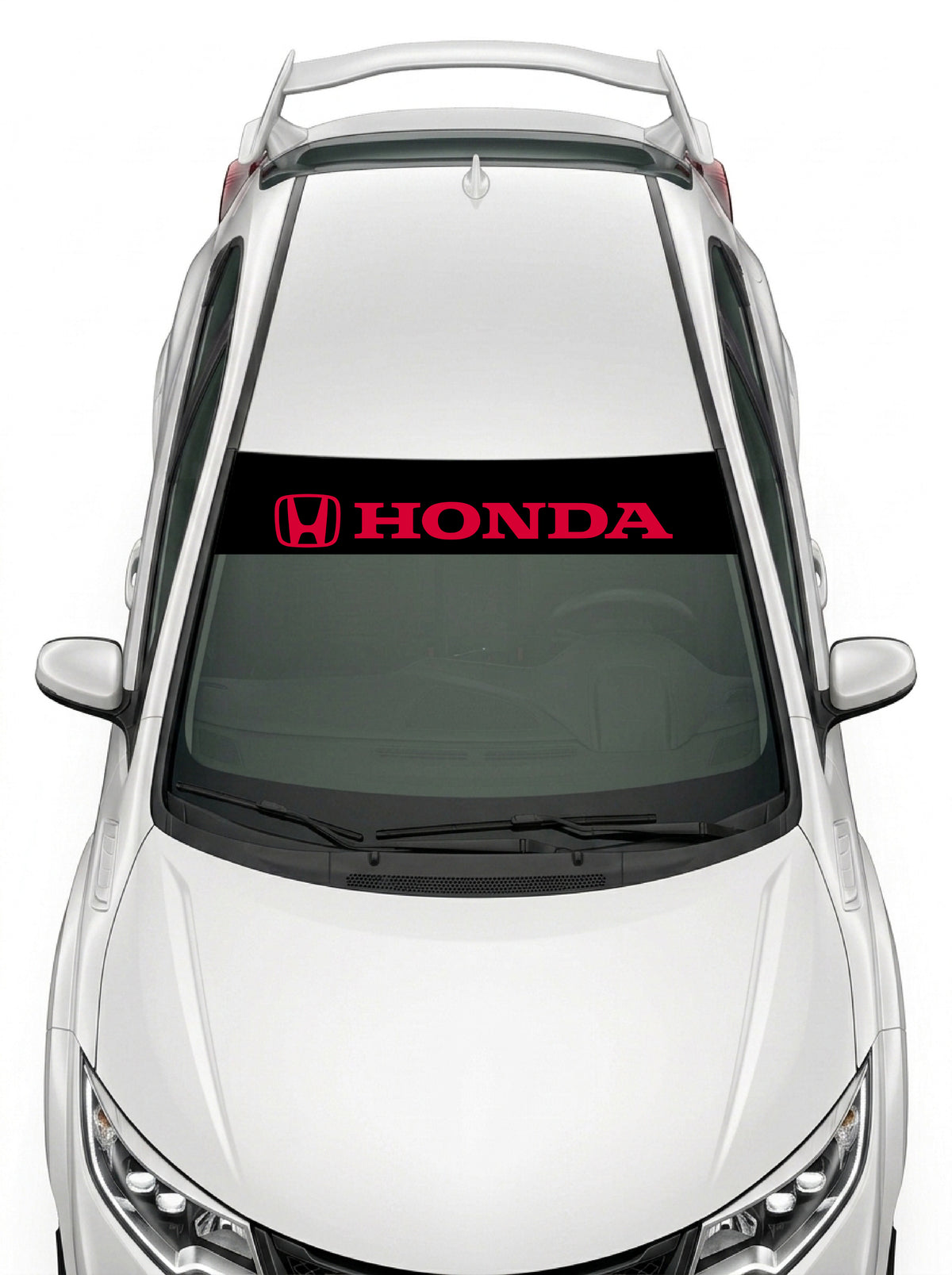 Parasol de vinilo Honda negro con el emblema H y el lettering HONDA en rojo, instalado en el parabrisas de un Honda Civic blanco