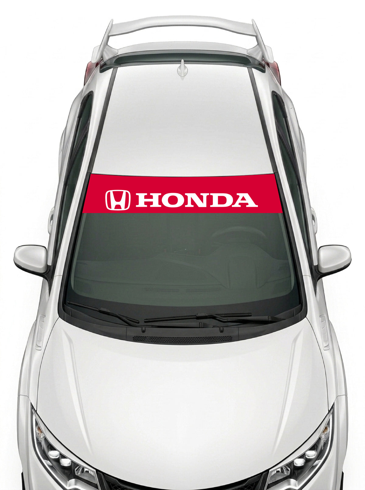 Parasol de vinilo Honda rojo con el emblema H y el lettering HONDA en blanco, instalado en el parabrisas de un Honda Civic blanco