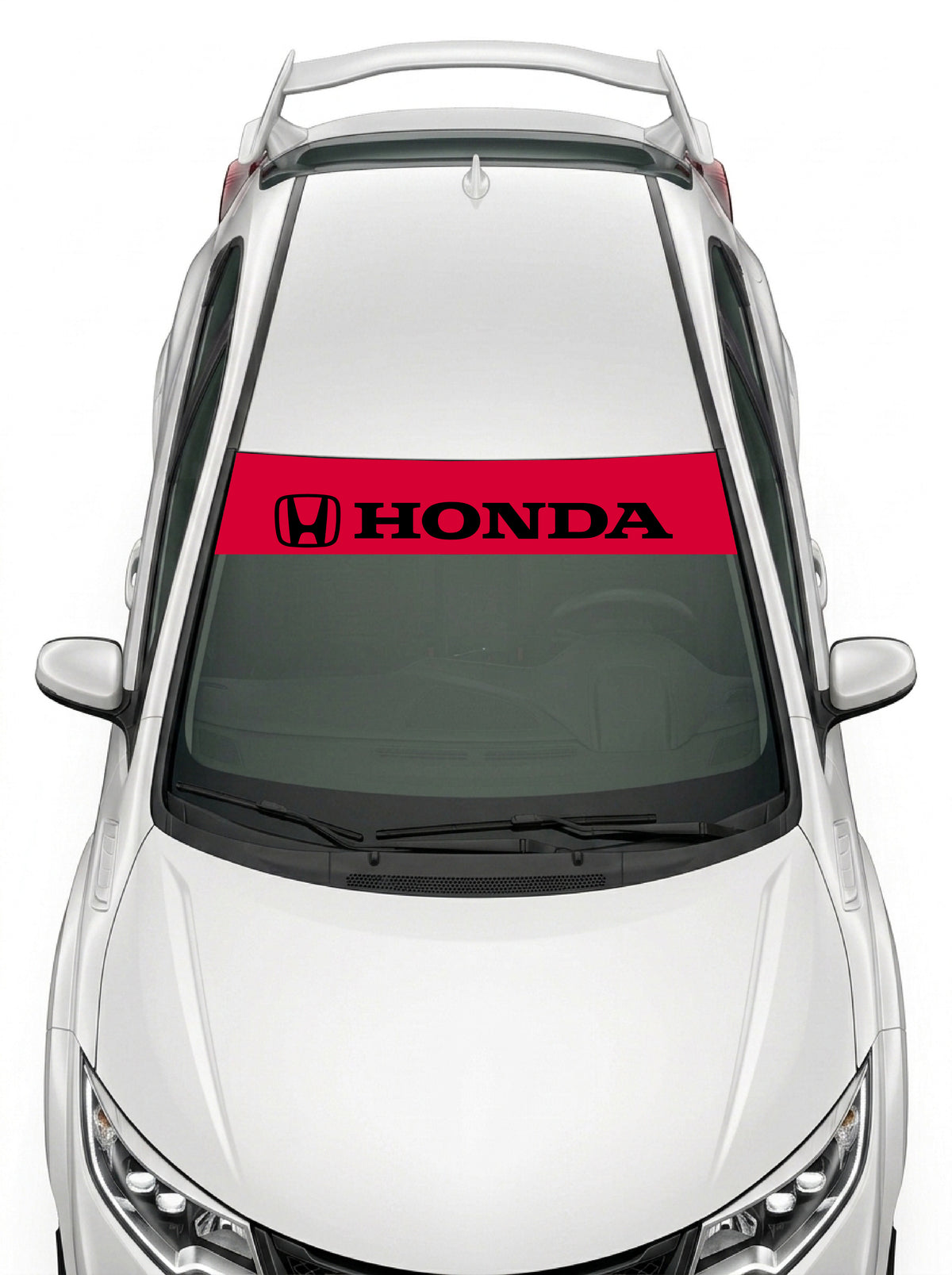Parasol de vinilo Honda rojo con el emblema H y el lettering HONDA en negro, instalado en el parabrisas de un Honda Civic blanco