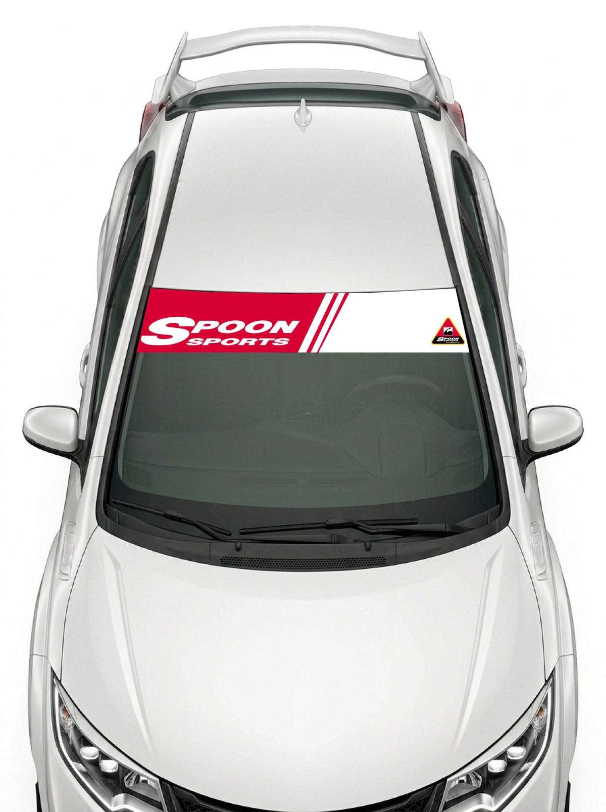 Parasol de vinilo Honda blanco con las franjas de Spoon Sports en rojo, instalado en el parabrisas de un Honda Civic blanco