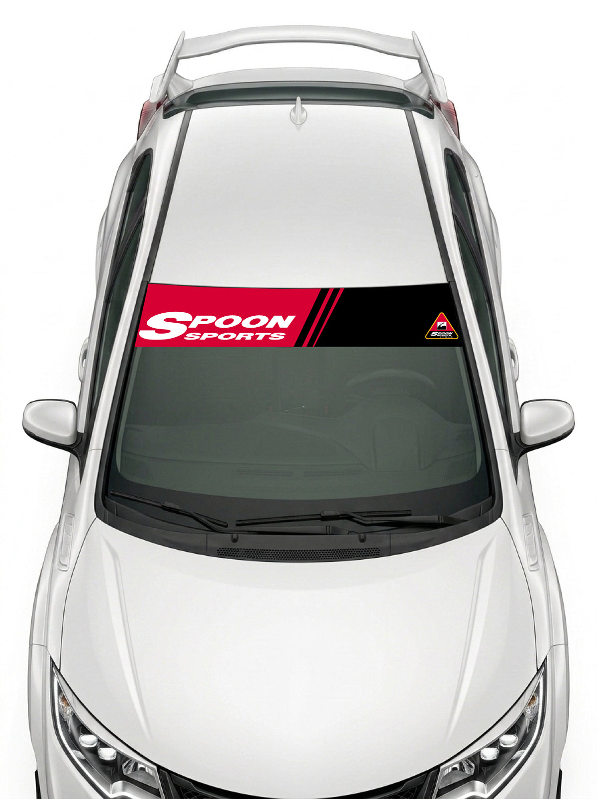 Parasol de vinilo Honda negro con las franjas de Spoon Sports en rojo y blanco, instalado en el parabrisas de un Honda Civic blanco