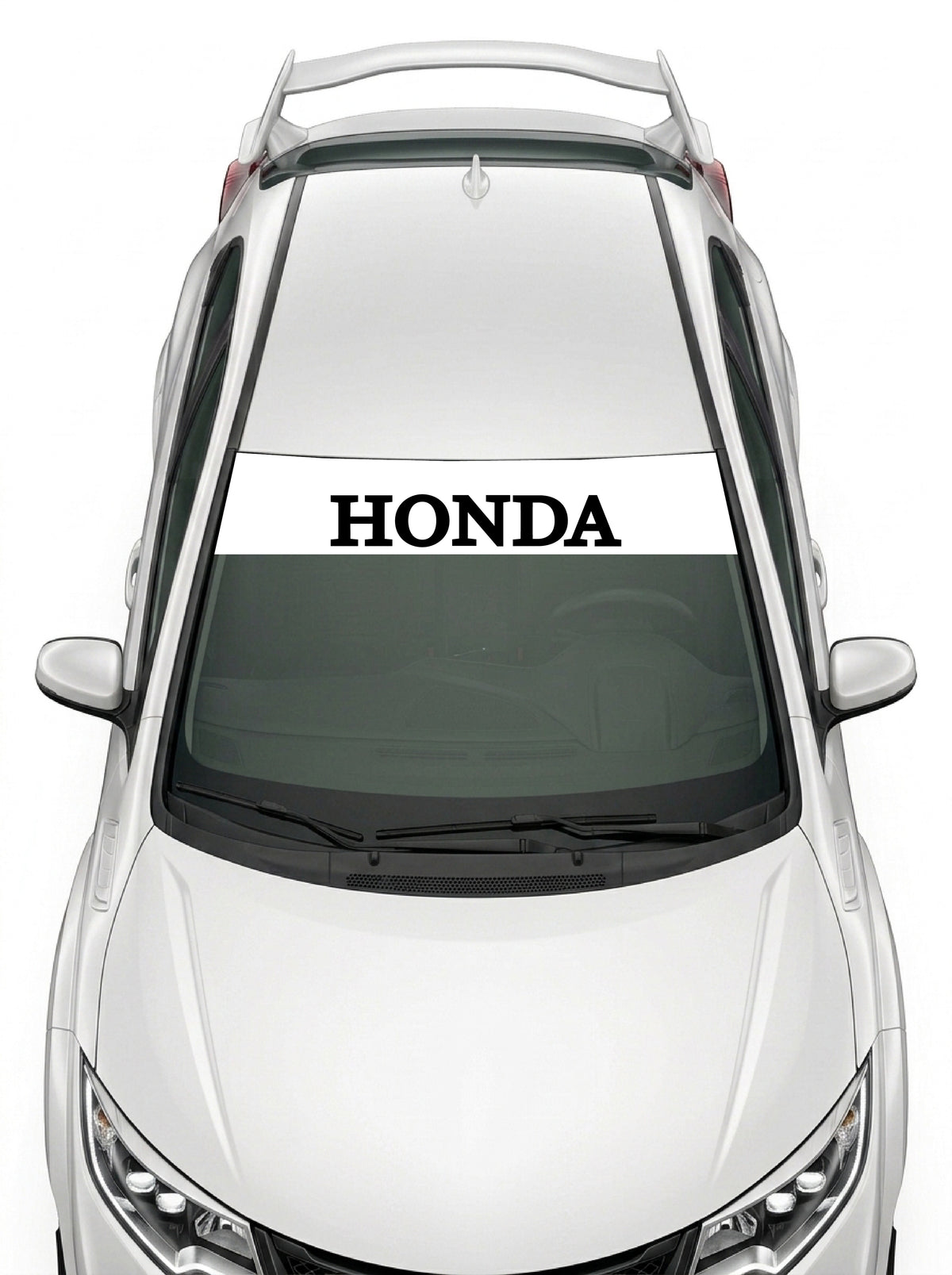 Parasol de vinilo Honda blanco con el lettering HONDA en negro, instalado en el parabrisas de un Honda Civic blanco