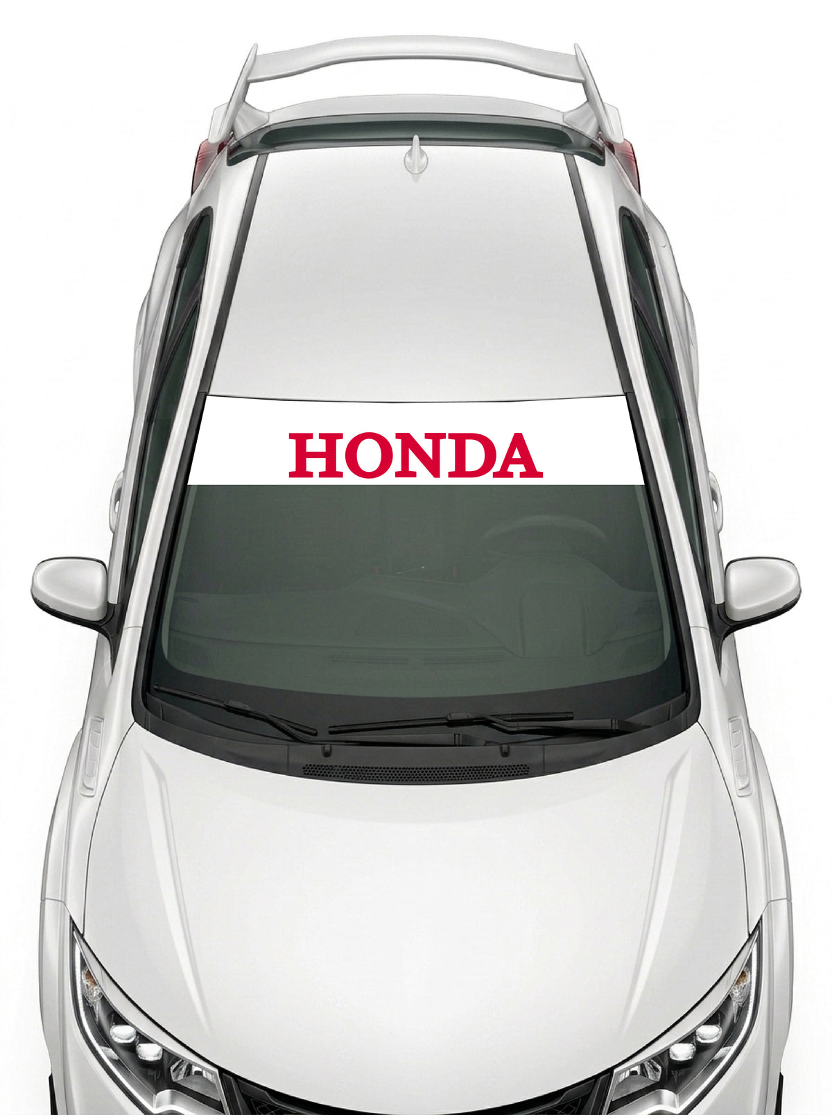 Parasol de vinilo Honda blanco con el lettering HONDA en rojo, instalado en el parabrisas de un Honda Civic blanco