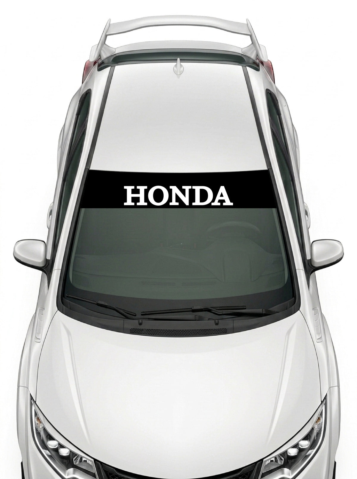 Parasol de vinilo Honda negro con el lettering HONDA en blanco, instalado en el parabrisas de un Honda Civic blanco