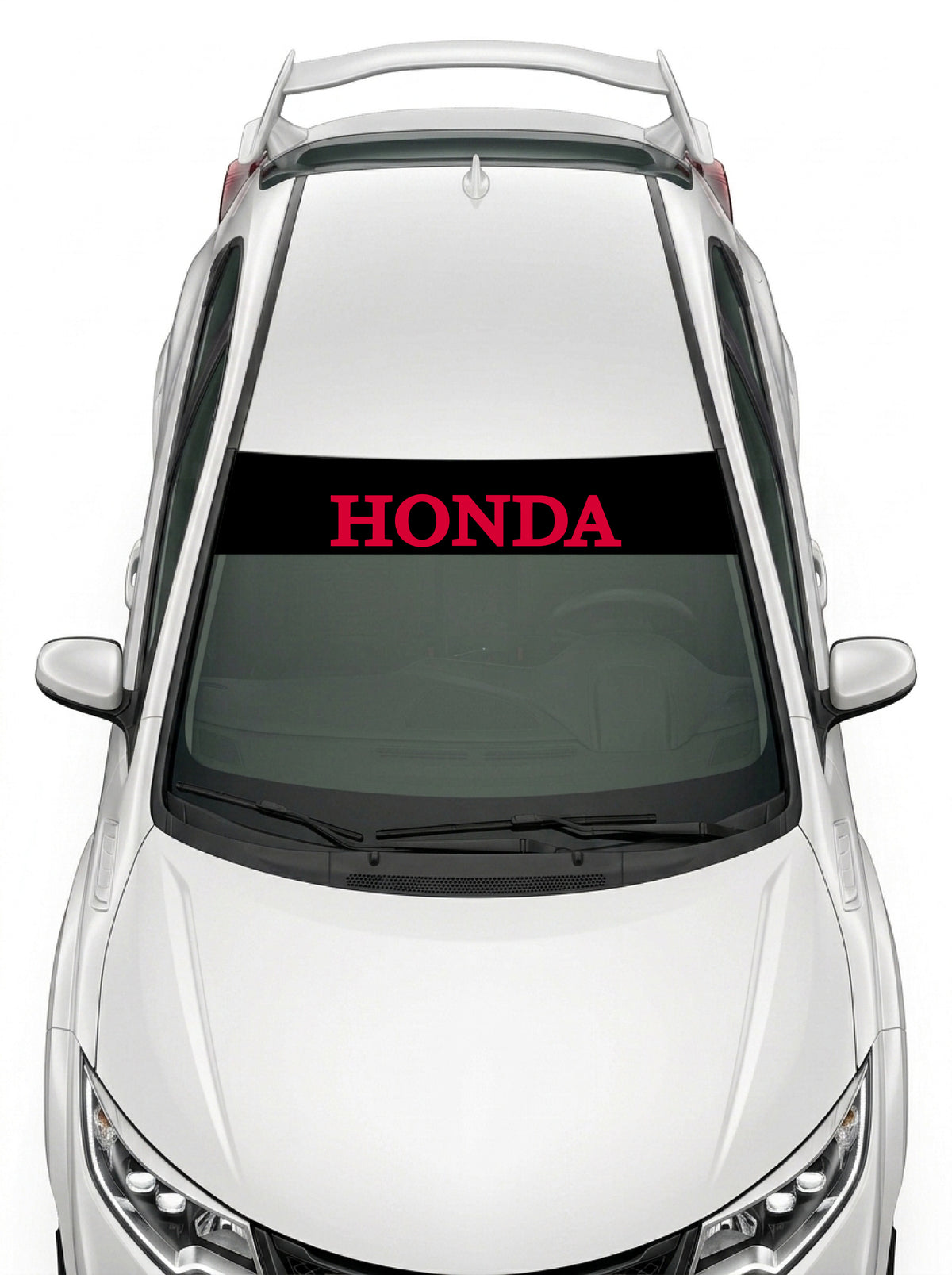Parasol de vinilo Honda negro con el lettering HONDA en rojo, instalado en el parabrisas de un Honda Civic blanco