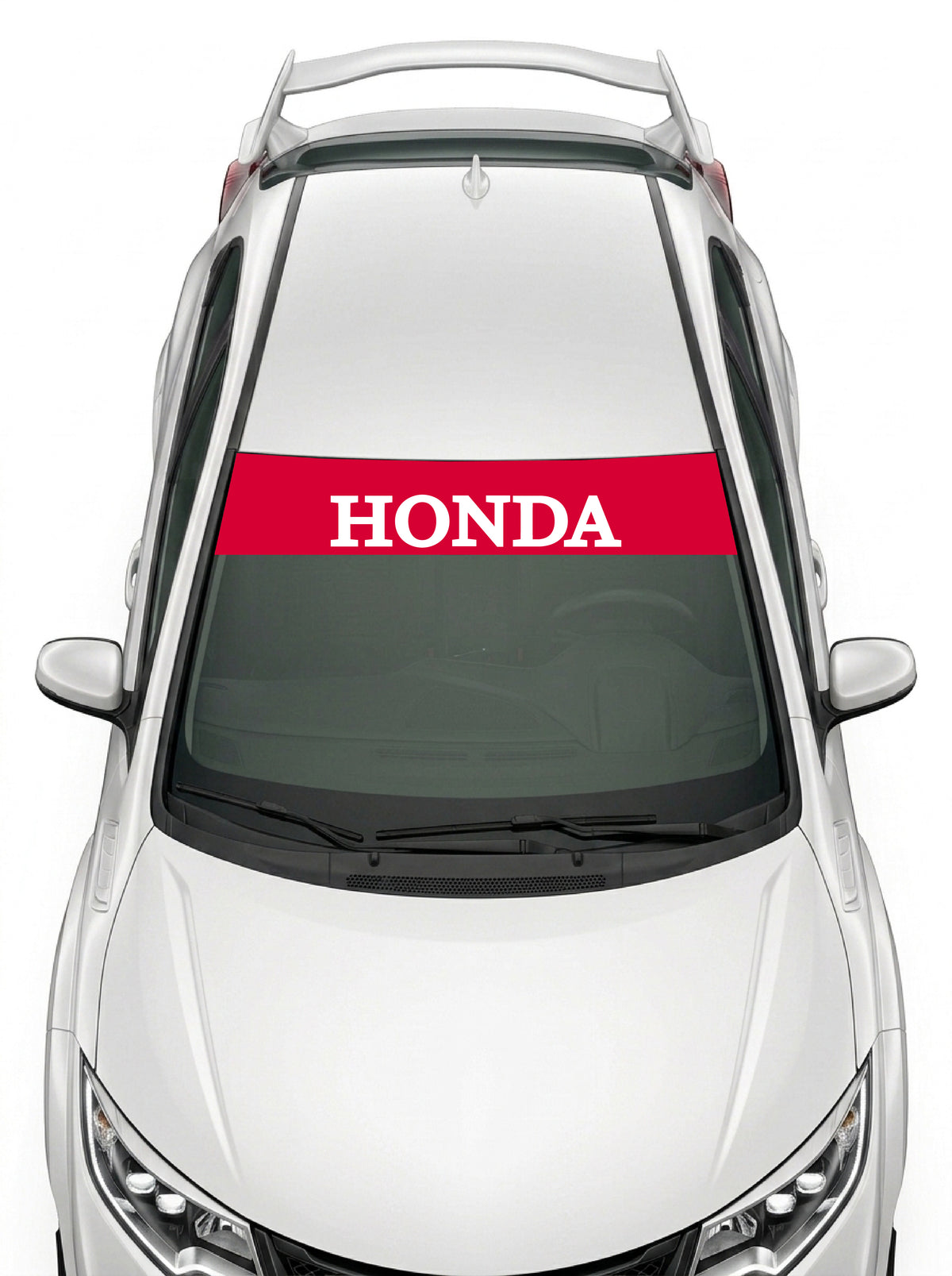 Parasol de vinilo Honda rojo con el lettering HONDA en blanco, instalado en el parabrisas de un Honda Civic blanco