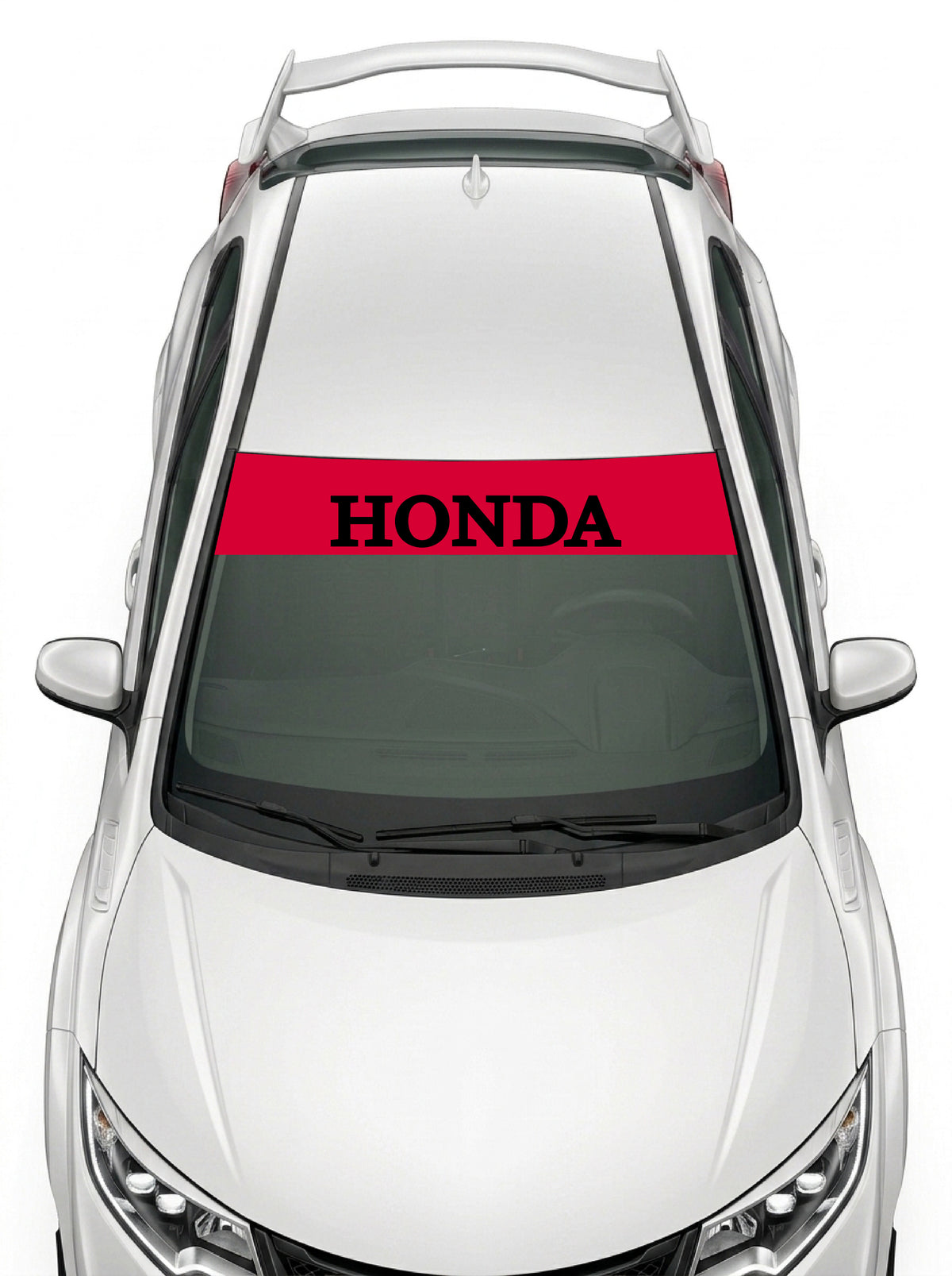 Parasol de vinilo Honda rojo con el lettering HONDA en negro, instalado en el parabrisas de un Honda Civic blanco