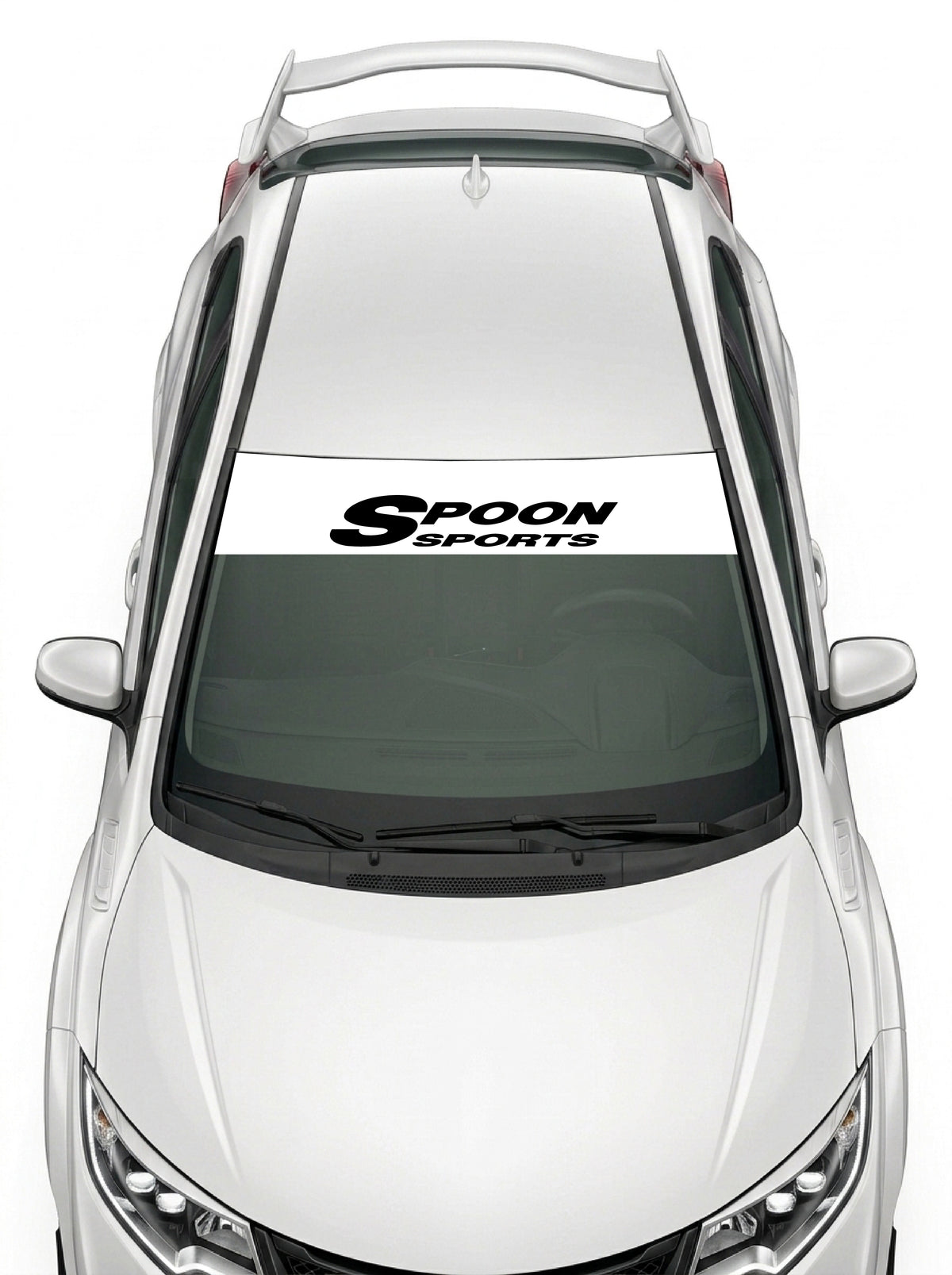 Parasol de vinilo Honda blanco con el logotipo del preparador Spoon Sports en negro, instalado en el parabrisas de un Honda Civic blanco