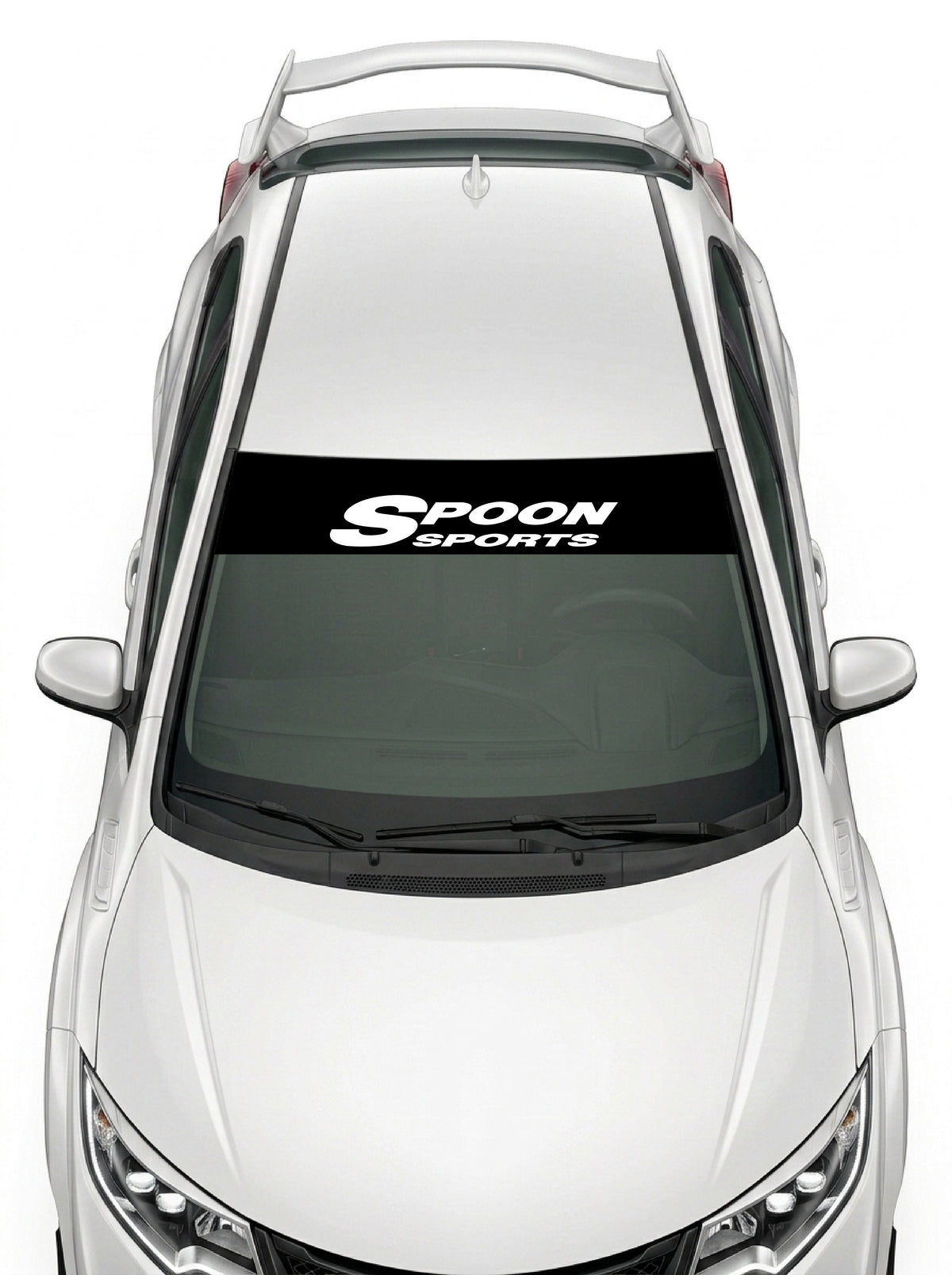 Parasol de vinilo Honda negro con el logotipo del preparador Spoon Sports en blanco, instalado en el parabrisas de un Honda Civic blanco