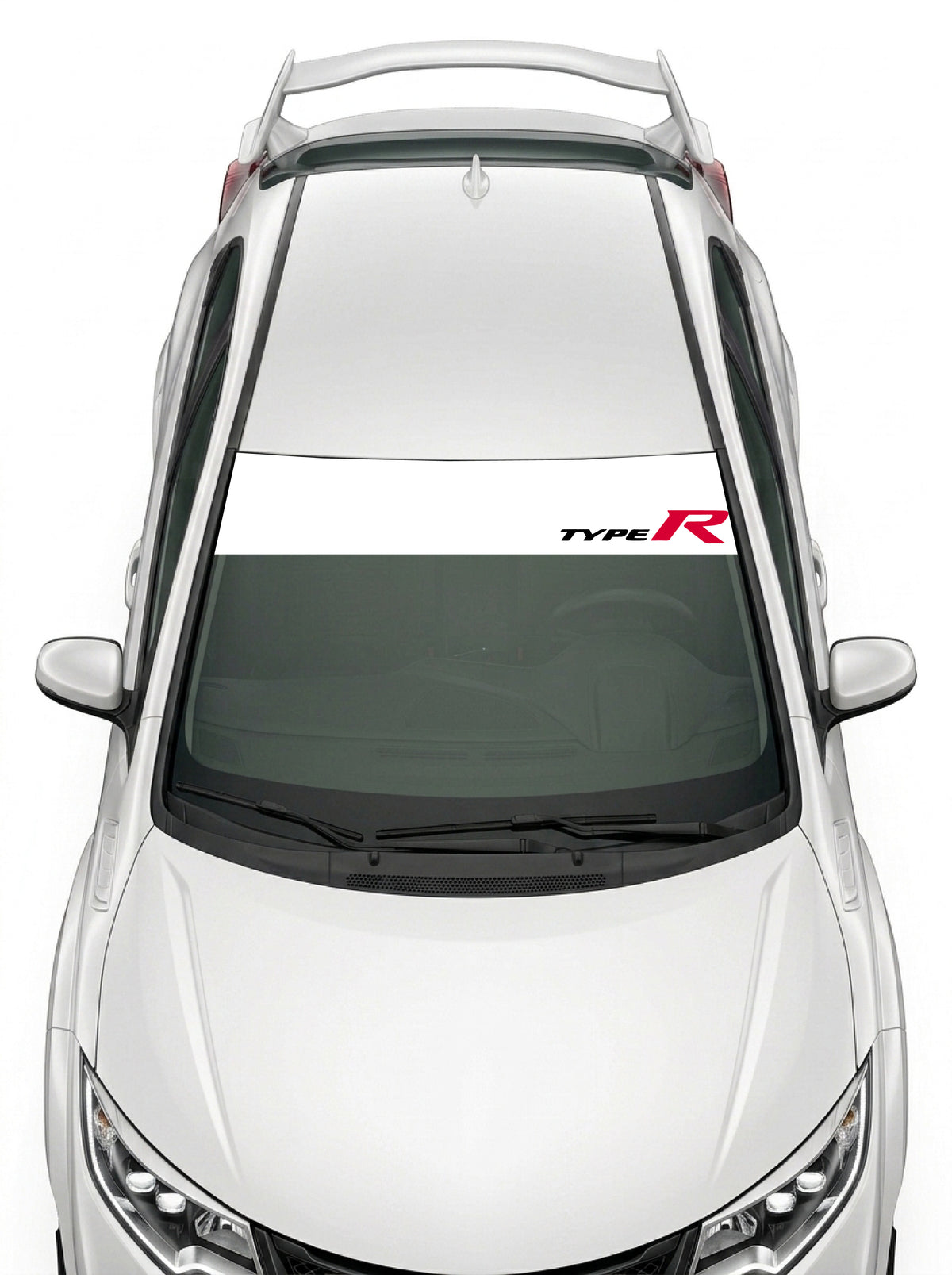 Parasol de vinilo Honda Type R blanco con el logotipo lateral en rojo y negro, instalado en el parabrisas de un Honda Civic blanco