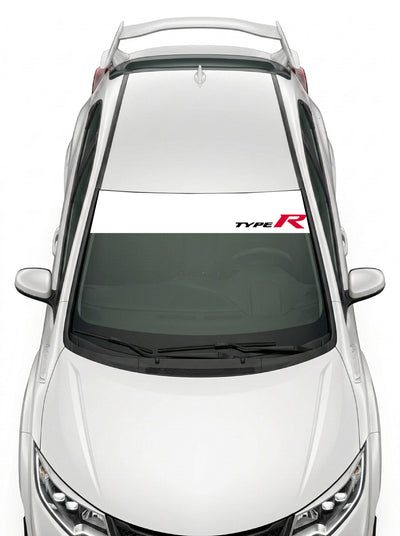 Parasol de vinilo Honda Type R blanco con el logotipo lateral en rojo y negro, instalado en el parabrisas de un Honda Civic blanco