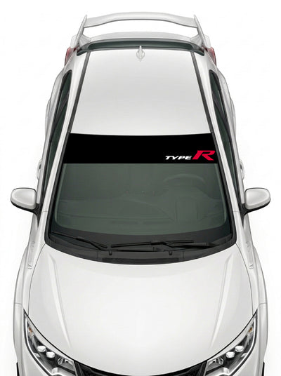Parasol de vinilo Honda Type R negro con el logotipo lateral en rojo y blanco, instalado en el parabrisas de un Honda Civic blanco