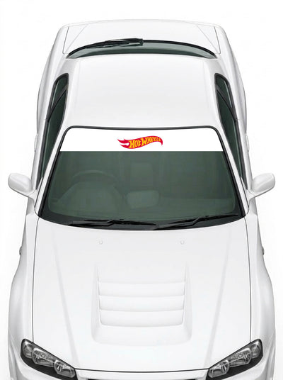 Coche con el parasol de vinilo Hot Wheels blanco con el logotipo de la llama en rojo y amarillo instalado en el parabrisas