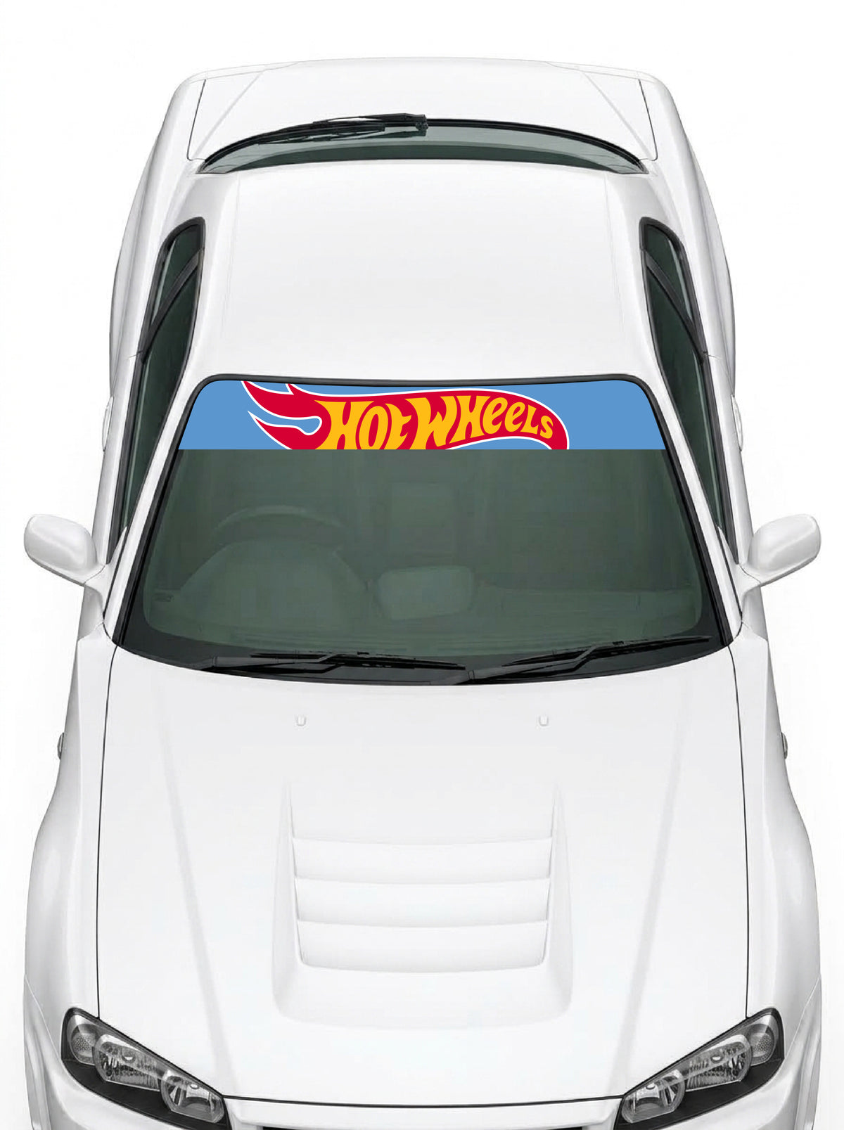 Coche con el parasol de vinilo Hot Wheels azul celeste con el logotipo clasico de la llama a todo lo ancho instalado en el parabrisas