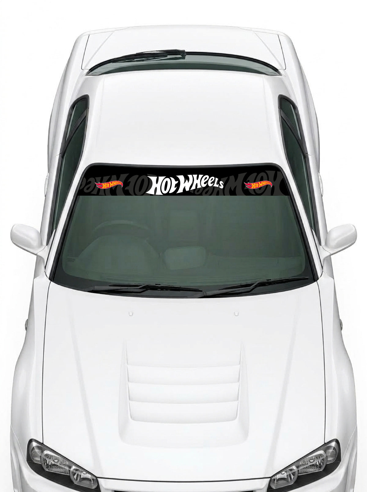 Coche con el parasol de vinilo Hot Wheels negro con el lettering en blanco y el patron de logotipos repetidos instalado en el parabrisas