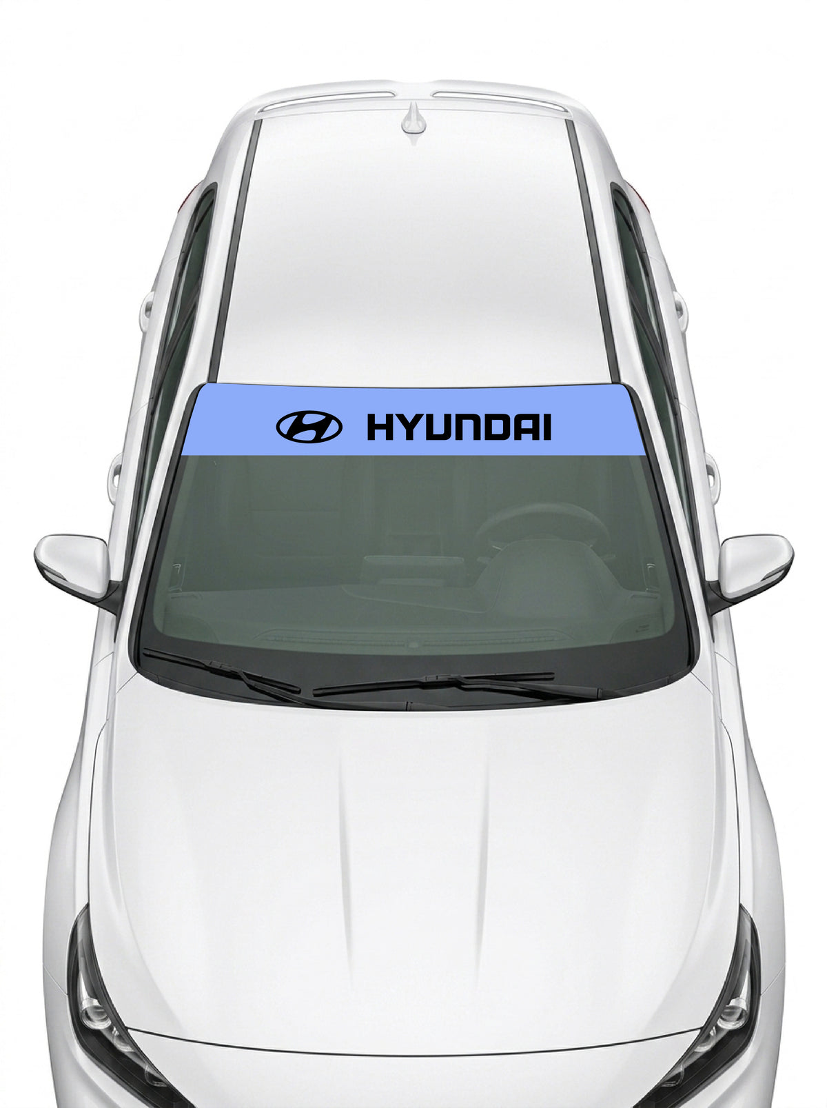 Parasol de vinilo Hyundai azul con el emblema oval y el lettering HYUNDAI en negro, instalado en el parabrisas de un Hyundai blanco