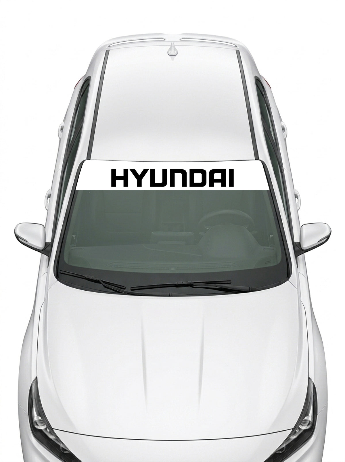 Parasol de vinilo Hyundai blanco con el lettering HYUNDAI en negro, instalado en el parabrisas de un Hyundai blanco
