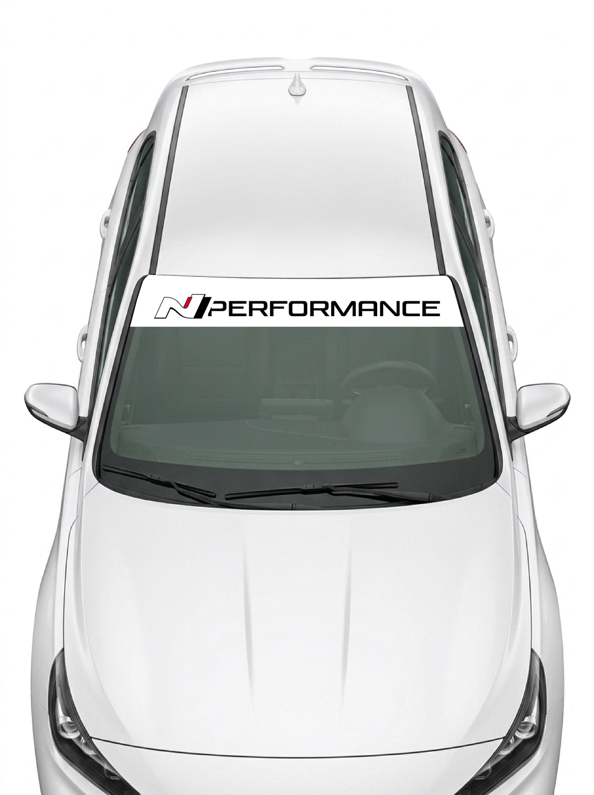 Parasol de vinilo Hyundai N Performance blanco con el lettering en negro, instalado en el parabrisas de un Hyundai blanco