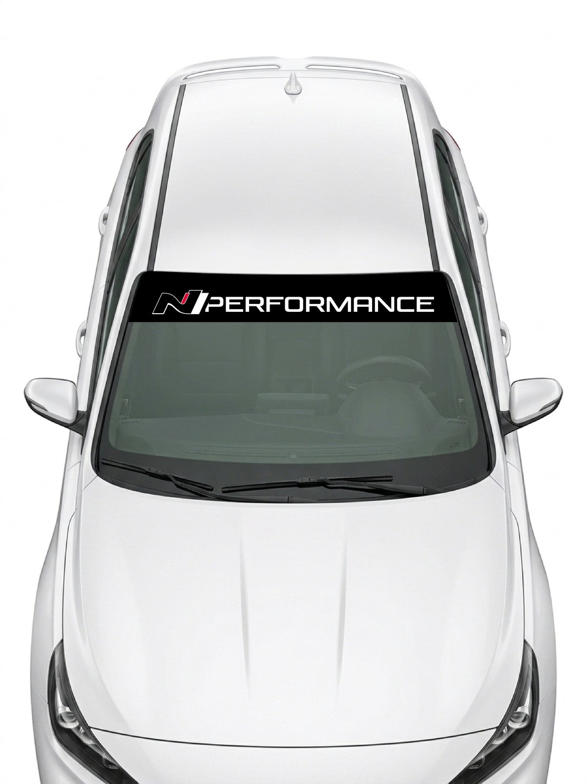 Parasol de vinilo Hyundai N Performance negro con el lettering en blanco, instalado en el parabrisas de un Hyundai blanco