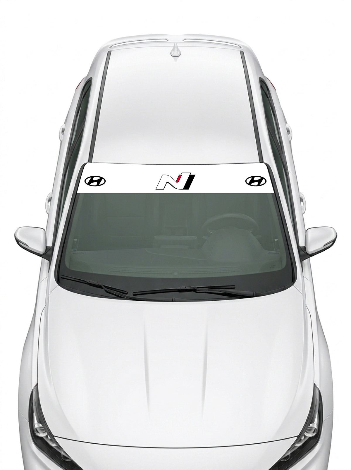 Parasol de vinilo Hyundai N blanco con el logo N centrado entre dos emblemas, instalado en el parabrisas de un Hyundai blanco