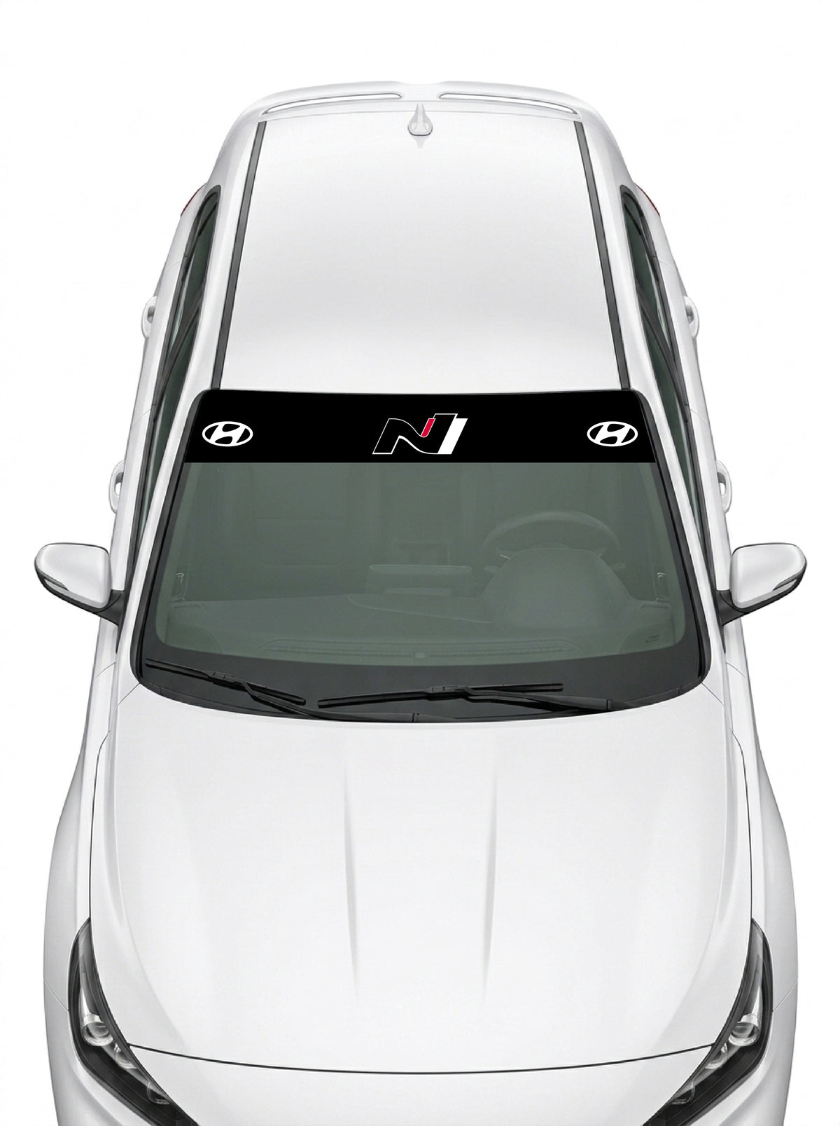 Parasol de vinilo Hyundai N negro con el logo N centrado entre dos emblemas, instalado en el parabrisas de un Hyundai blanco
