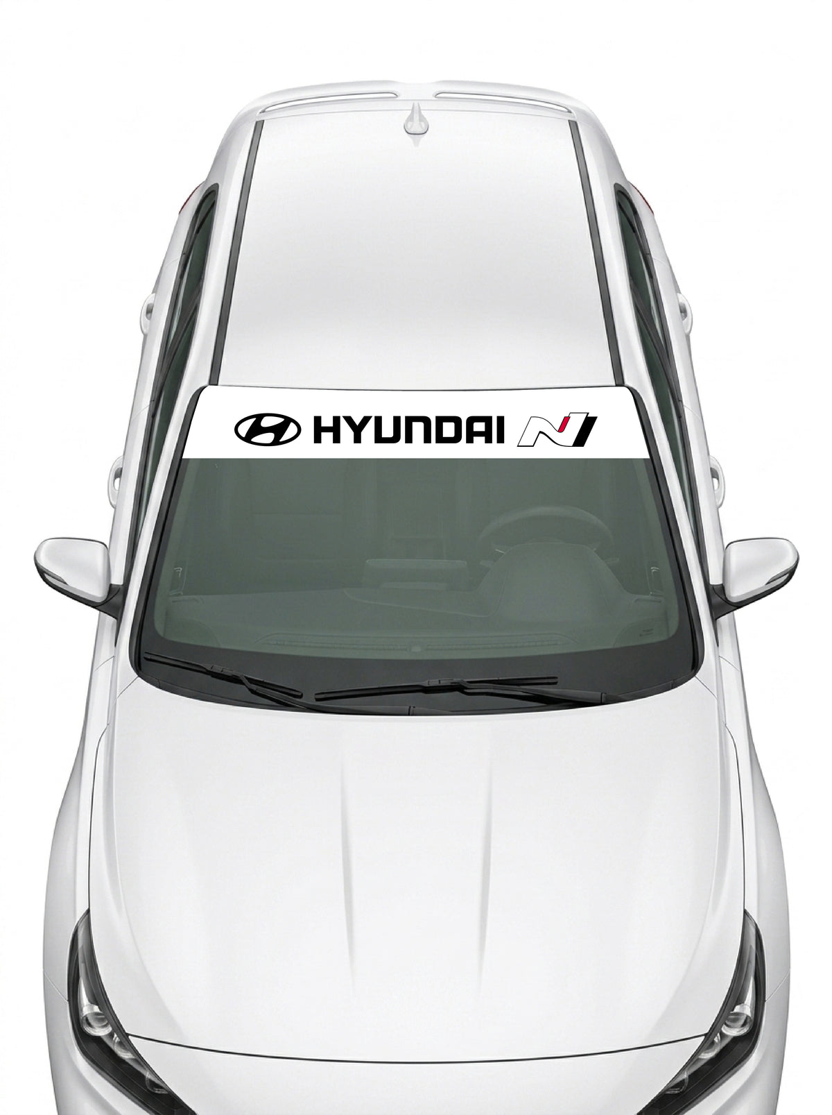 Parasol de vinilo Hyundai N blanco con el emblema, el lettering HYUNDAI y el logo N, instalado en el parabrisas de un Hyundai blanco