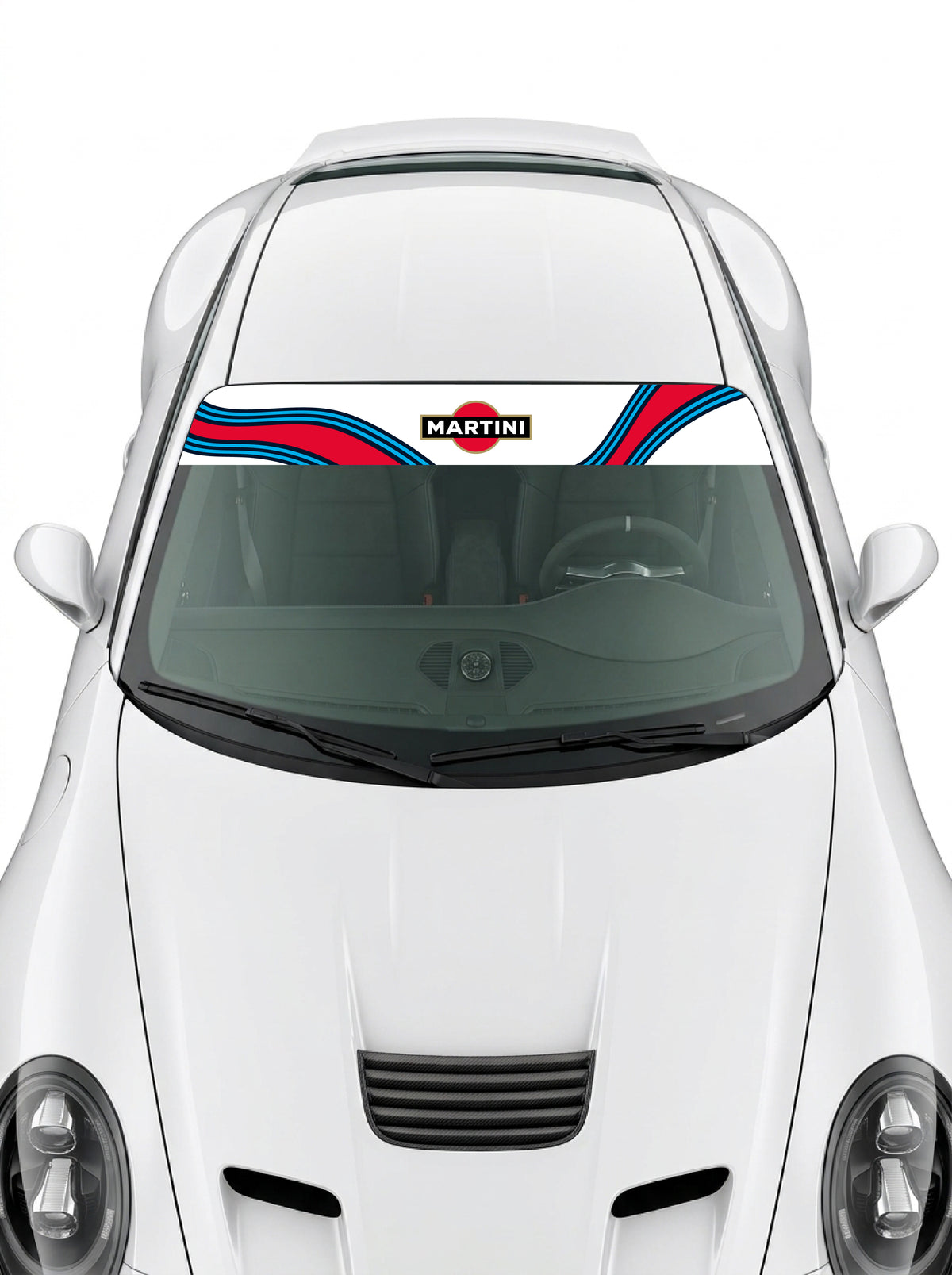 Coche con el parasol de vinilo Martini Racing blanco con las franjas onduladas azules y rojas y el logo Martini centrado instalado en el parabrisas