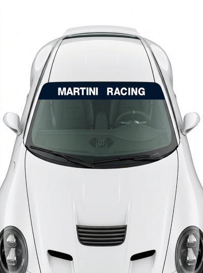 Coche con el parasol de vinilo Martini Racing azul marino liso con el lettering MARTINI RACING en blanco instalado en el parabrisas