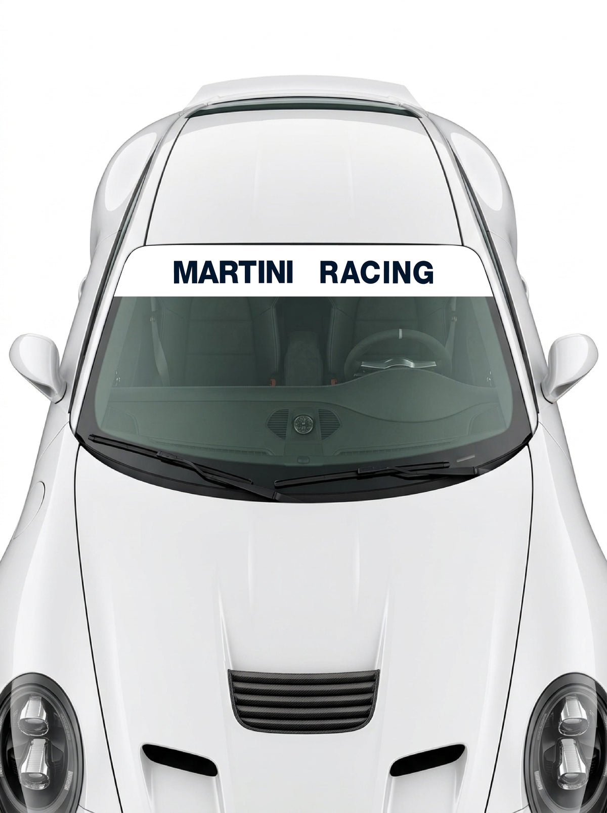 Coche con el parasol de vinilo Martini Racing blanco con el lettering MARTINI RACING en azul marino instalado en el parabrisas